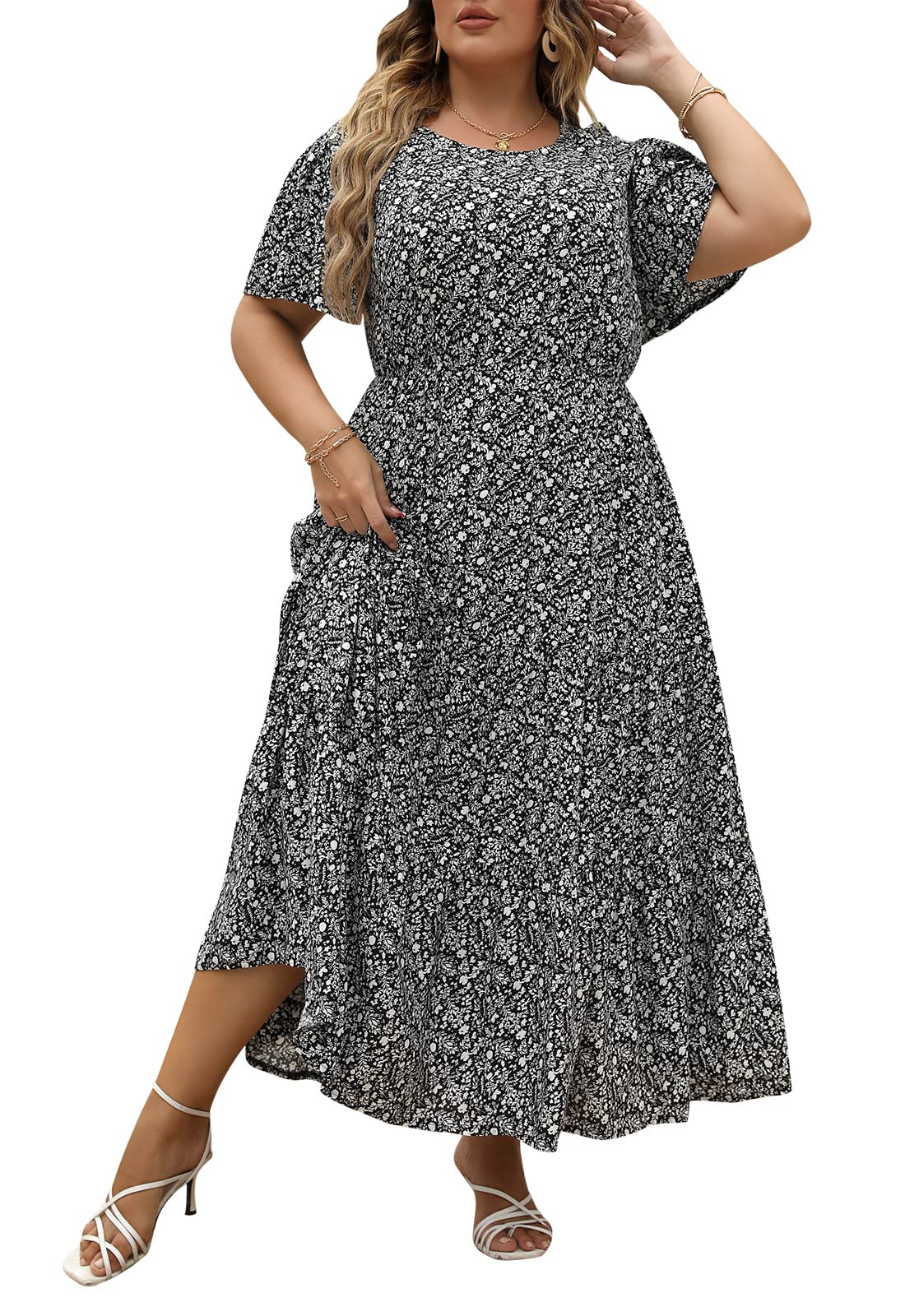 Nemidor Women's Plus Size Boho Floral Print Casual Layered Flared Maxi Dress with Pockets - Perfect for Beach Vacations, Summer Parties & Boho Fashion Outfits