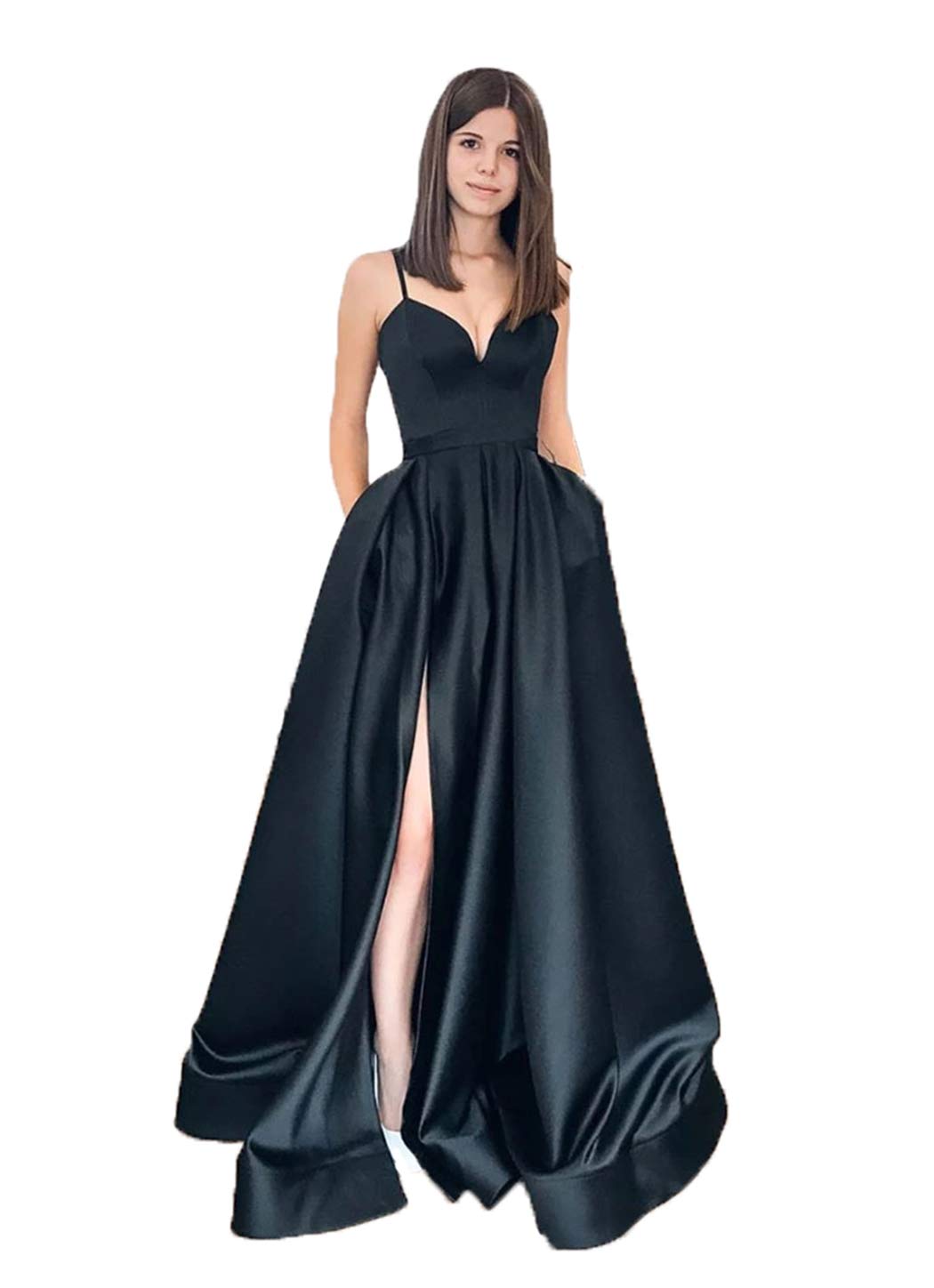 Elegant Women's Spaghetti Strap Satin Prom Dress with Pockets & High Slit - Formal Evening Gown for Homecoming, Wedding Guest & Black Tie Events