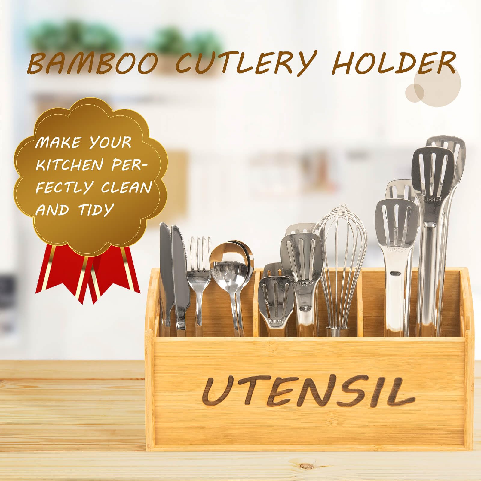 Bamboo Kitchen Utensil Holder - 3 Compartment Countertop Organizer for Cooking Tools