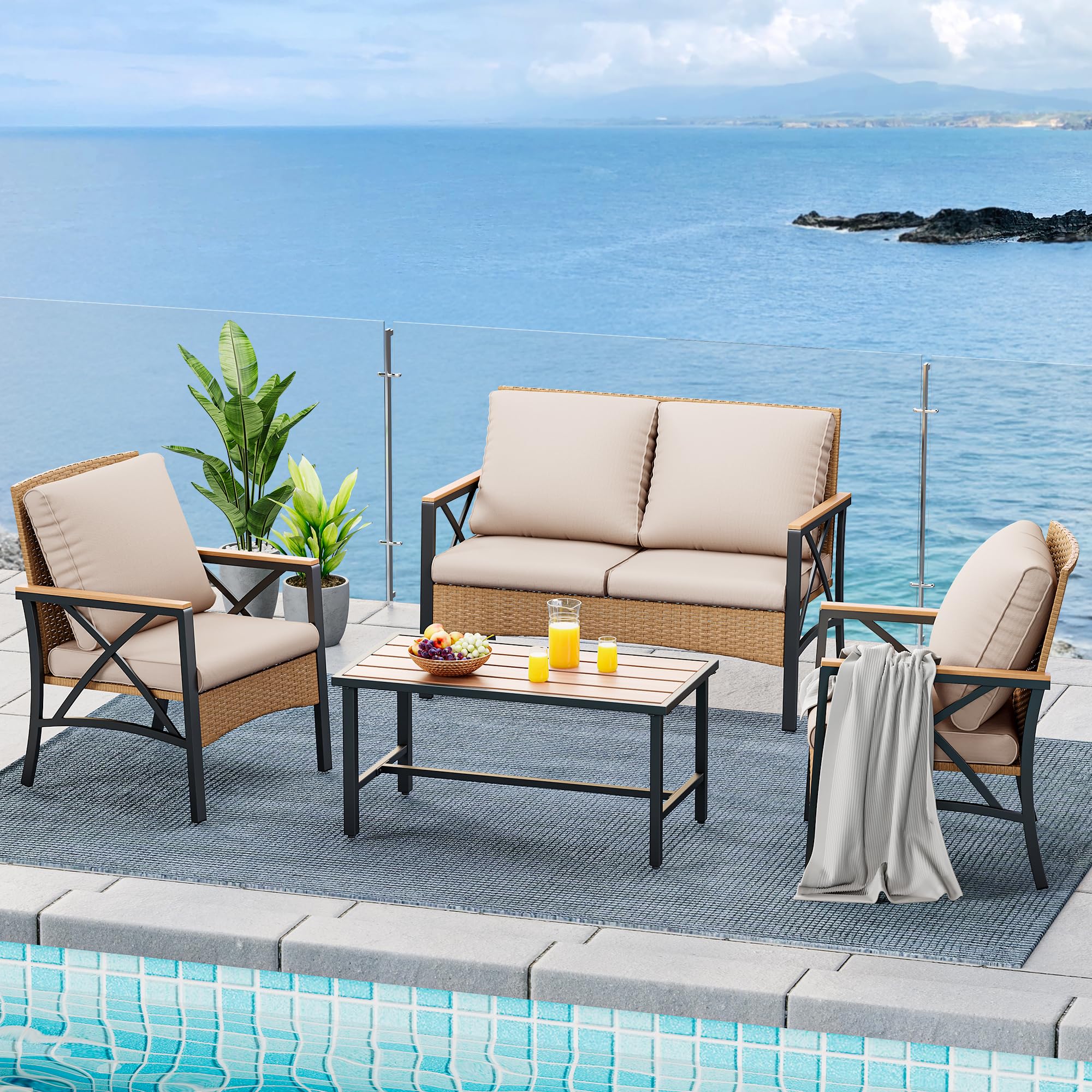 YITAHOME 4-Piece All-Weather Wicker Patio Furniture Set with Wood Armrests, Rattan Outdoor Conversation Set for Backyard, Balcony, Deck - Includes Soft Cushions & Durable Plastic Wood Table (Light Brown & Beige) | Perfect for Garden Relaxation, Poolside Lounging & Outdoor Entertaining