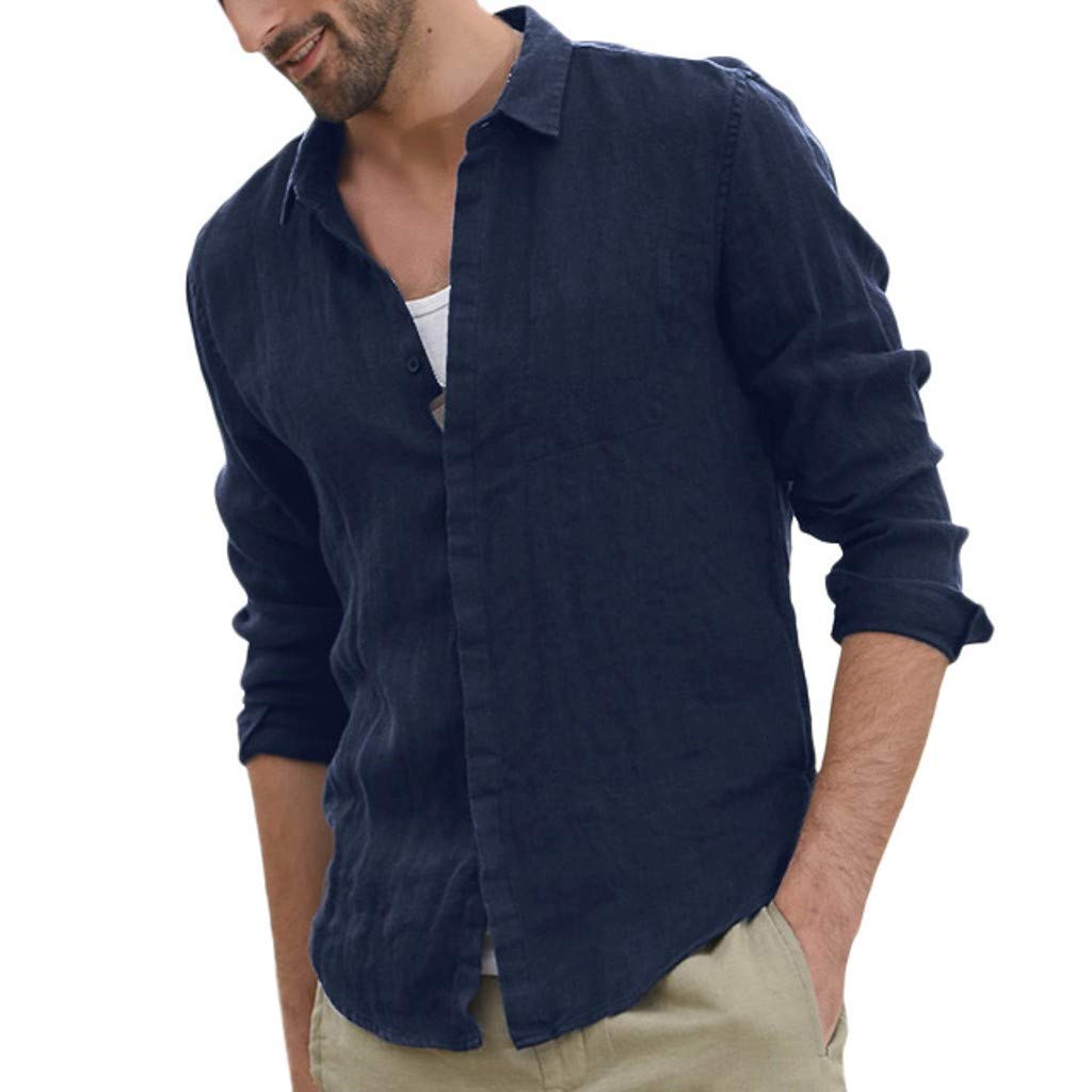 Men's Stretch Banded Dress Shirts - Long Sleeve Retro Solid Cotton Blouse with Pocket - Casual & Formal Wear for Office, Party & Everyday Outfits