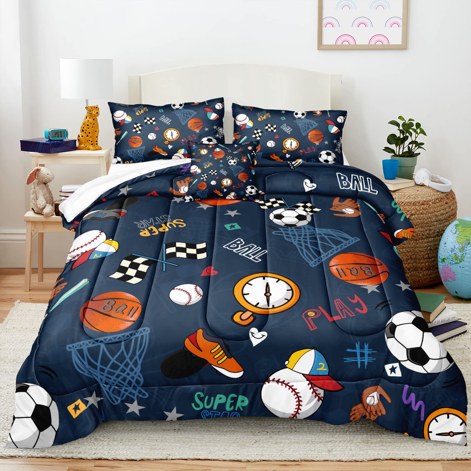 Boys Sports Bedding Set - Queen Size Basketball Baseball Football Soccer Printed Blue Comforter with 2 Pillowcases & Cushion Cover | Durable & Soft Bedroom Decor for Kids & Teens | Perfect for Game Day, Sleepovers & Sports-Themed Rooms