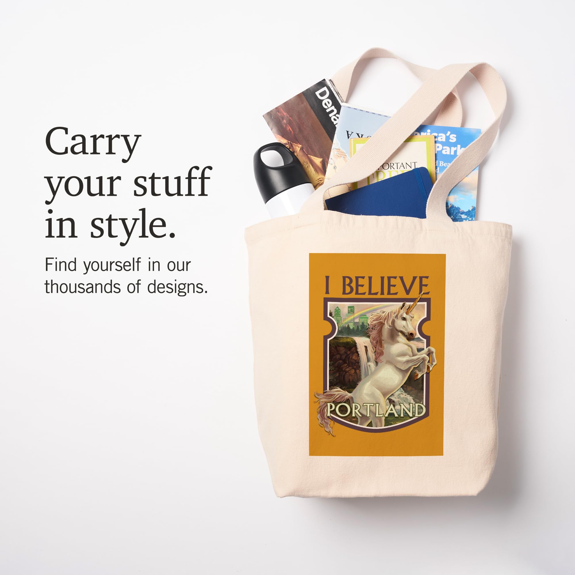 Lantern Press Portland Oregon Unicorn and Rainbow 100% Cotton Canvas Reusable Tote Bag - Eco-Friendly Shopping Bag for Groceries, Beach Trips & Daily Use