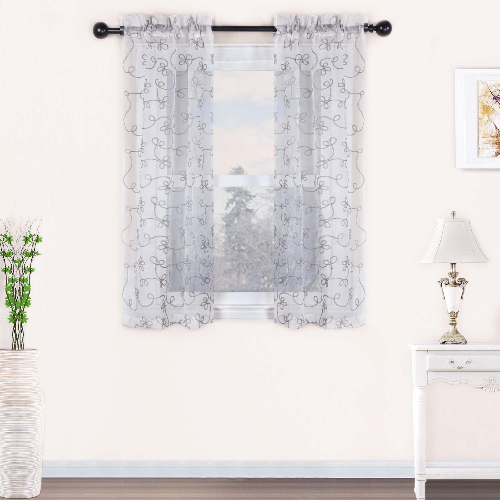 Embroidered Lightweight Sheer Floral Scroll Curtain Panel Set - Elegant Window Treatment for Living Room, Bedroom & Nursery Decor