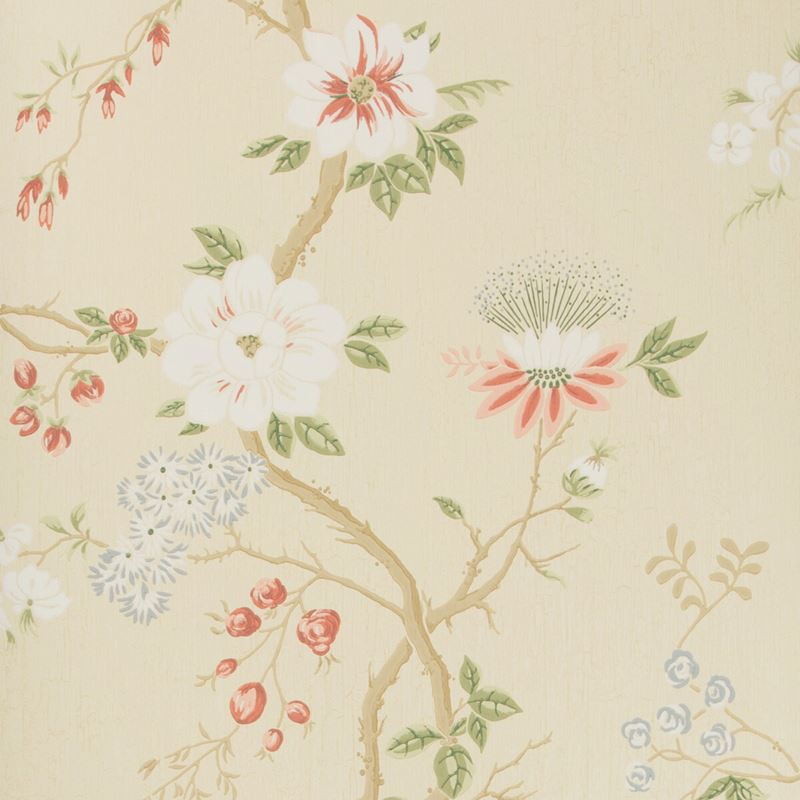 Cole & Son Wallpaper - Camellia Coral Sage Buttercup Print | Premium Floral Wallpaper for Living Room, Bedroom & Dining Room Decor