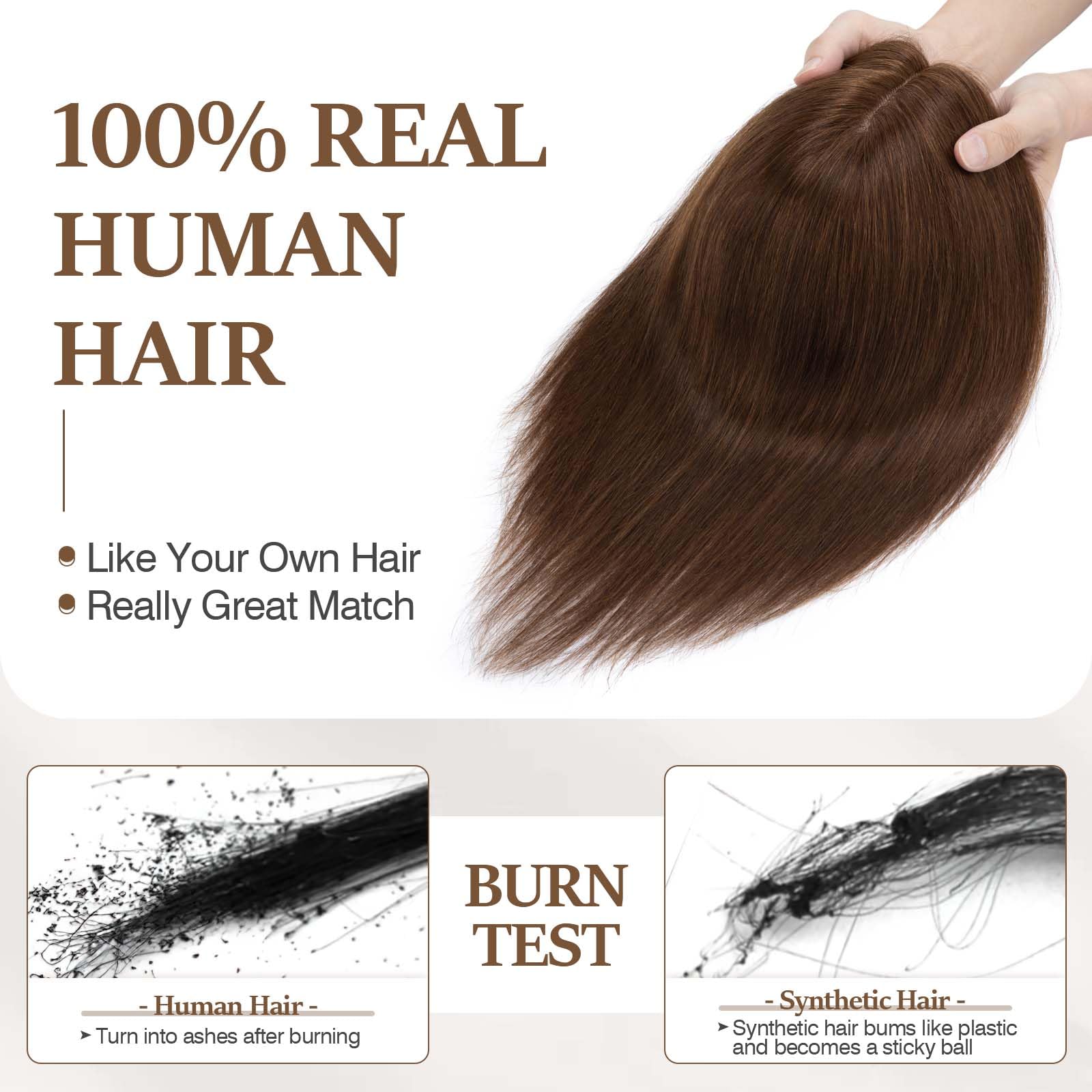 100% Human Hair Toppers for Women - Clip-in Remy Hair Topper with Silk Base for Thinning Hair - 16 Inch Medium Brown (#4) - Natural Looking Hair Replacement for Daily Wear & Special Occasions