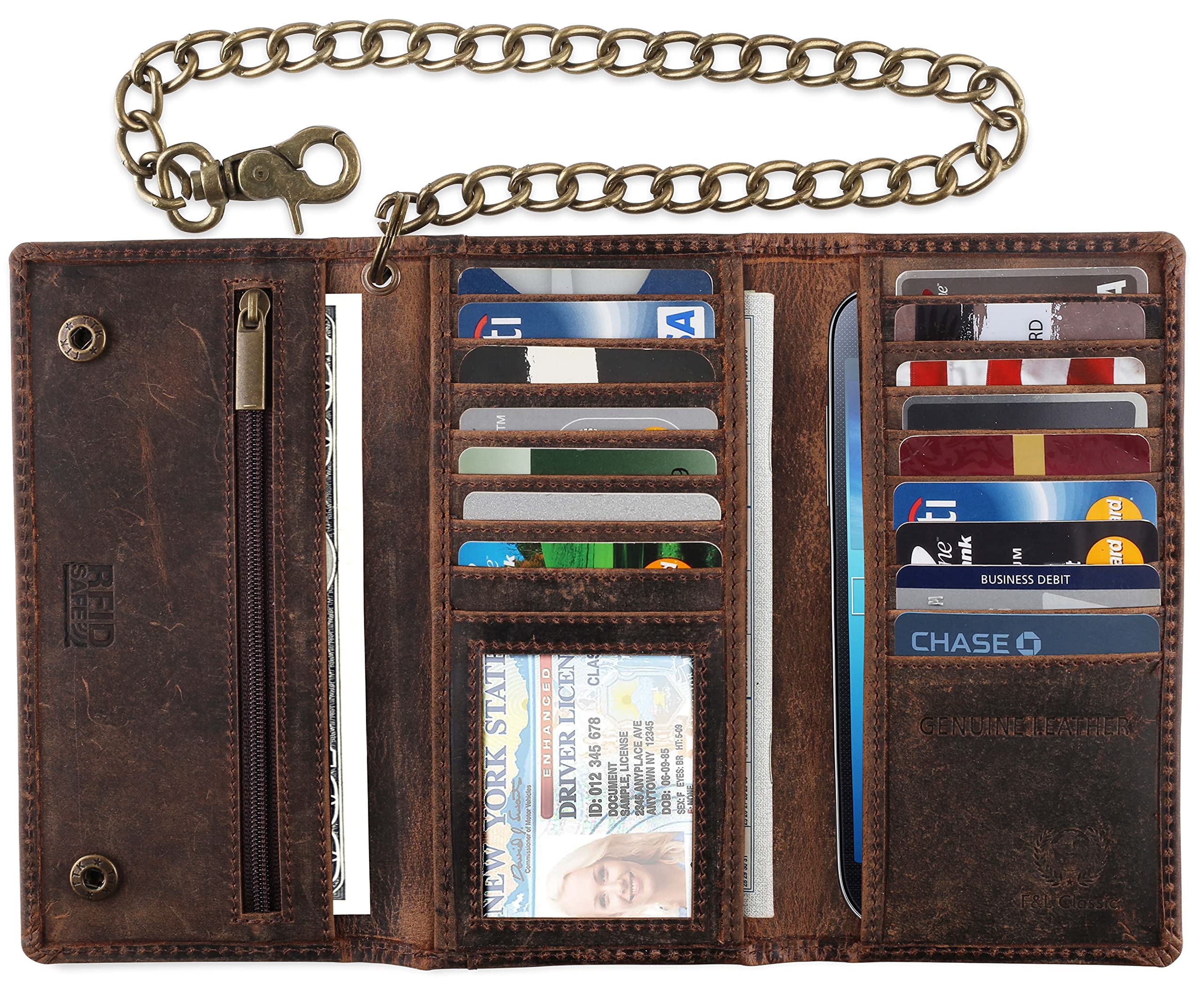 F&L CLASSIC RFID Blocking Men's Tri-Fold Long Wallet - Genuine Cowhide Leather with Steel Chain - Vintage Buffalo Leather Design - Perfect for Travel, Business & Everyday Use