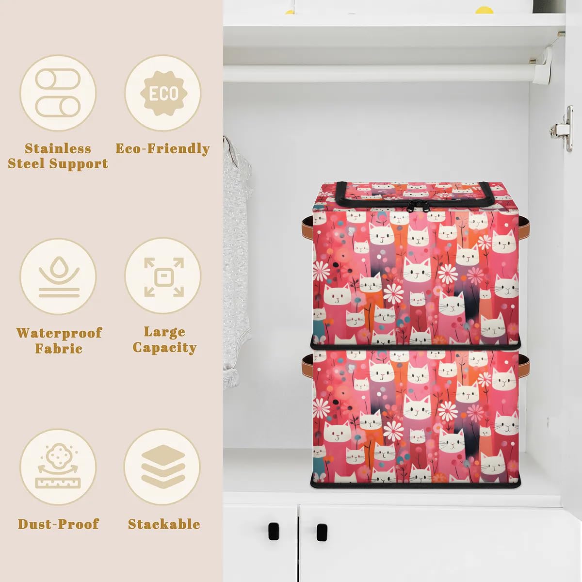 Collapsible Storage Bins with Lids - Cat Themed Stackable Fabric Storage Cubes for Clothes, Toys, Blankets | Dustproof Closet Organizer for Home, Bedroom & Nursery Organization