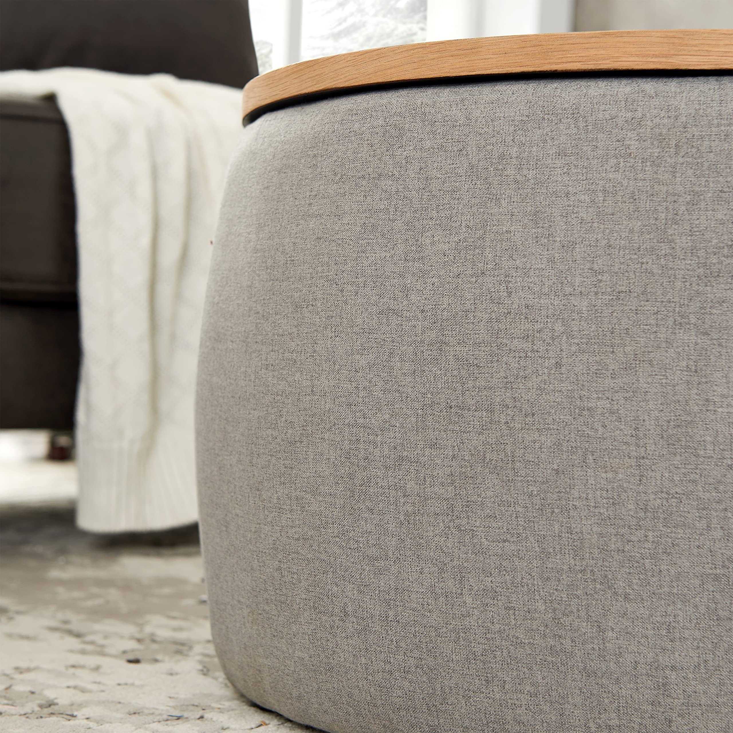 Modern Round Storage Ottoman with Wooden Lid - Handmade Circle Ottoman Coffee Table, End Table & Footstool for Living Room - Light Gray - Perfect for Small Space Living & Extra Seating