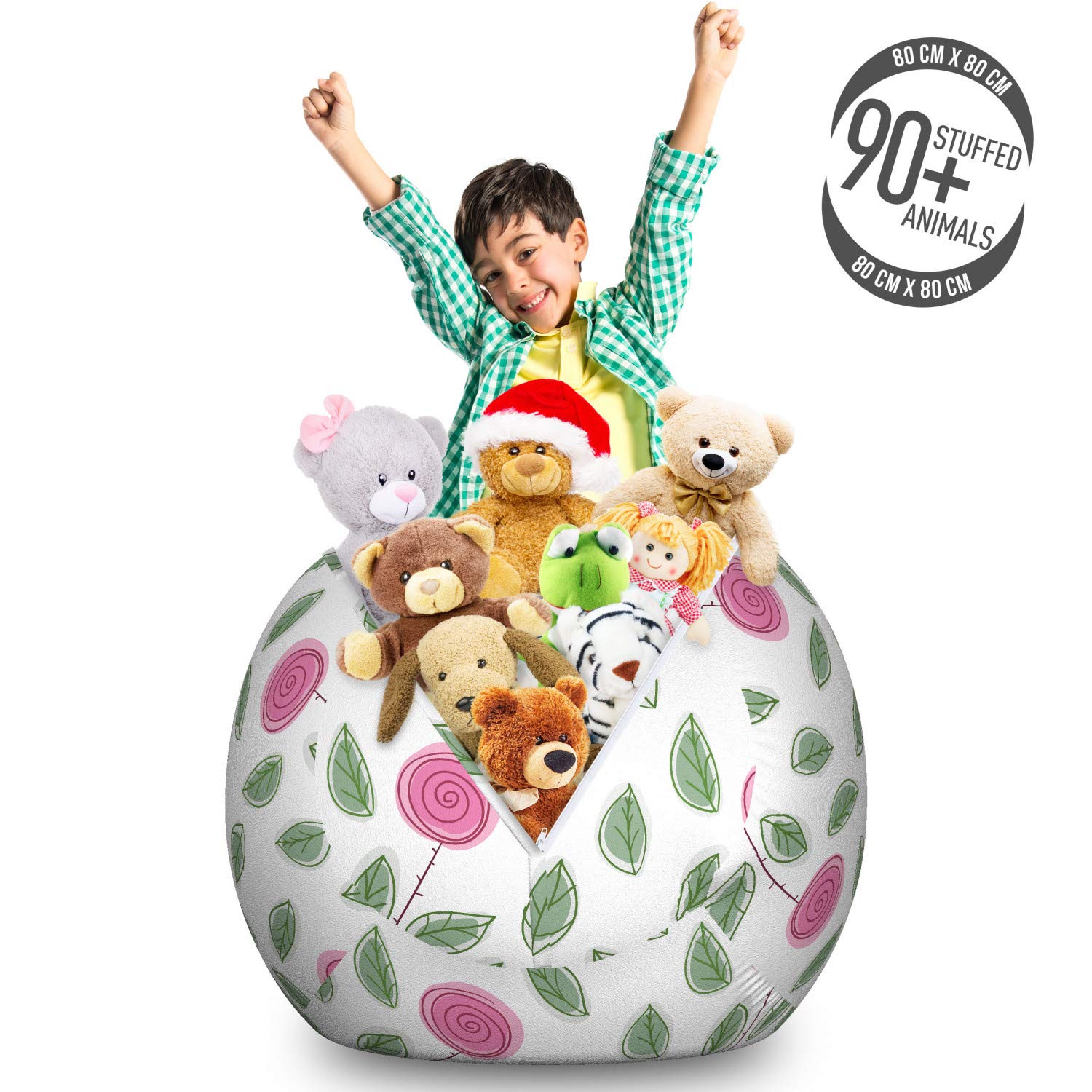 Ambesonne Large Pink Rose Storage Bag Chair - Modern Floral Spiral Design with Green Leaves, Washable Stuffed Animal Organizer for Kids' Room, Nursery, Playroom & Dorm Decor - Pink, Reseda Green & White