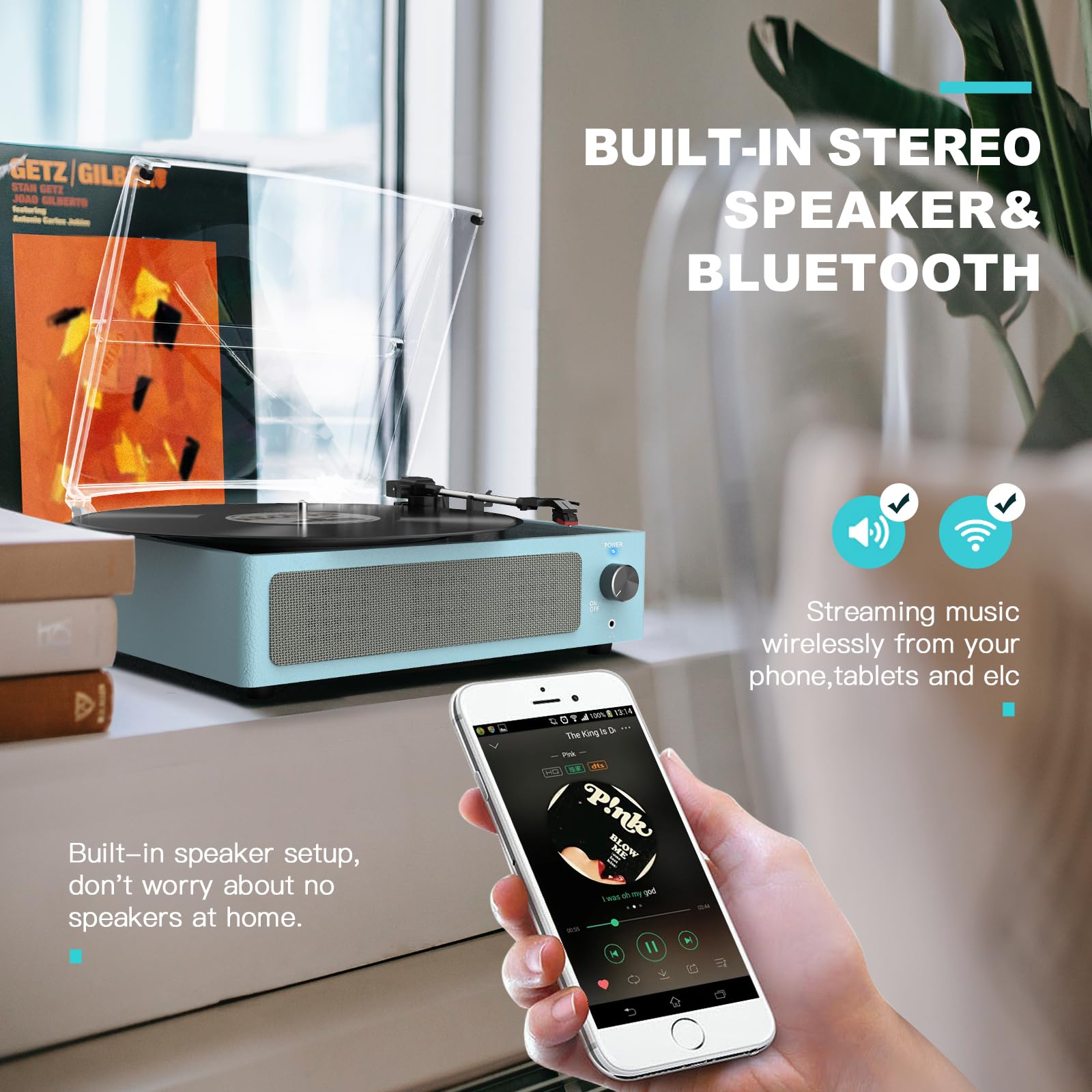 Vinyl Record Player with Built-in Speakers | Wireless Turntable for Vinyl Records | 3-Speed Adjustable LP Player with Auto Stop | AUX-in & RCA Line Output | Sleek Design for Home, Office & Party Use