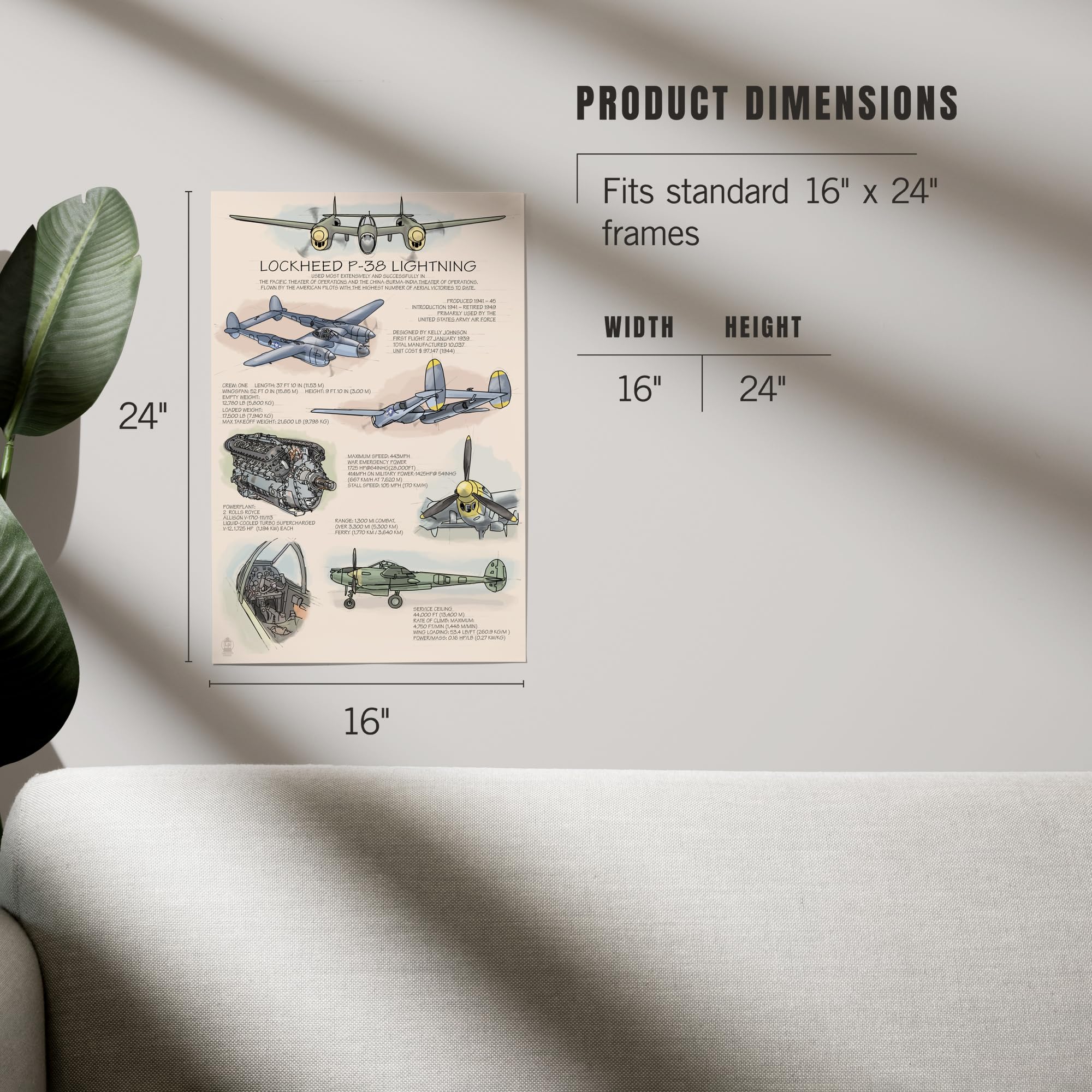 Lantern Press 16x24 Inch Giclee Art Print - P-38 Lightning Aircraft Technical Illustration - Perfect for Aviation Enthusiasts & Home Office Decor