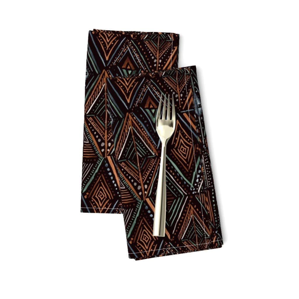 Spoonflower Linen Cotton Canvas Dinner Napkins Set of 2 - Diamond Art Deco Geometric Tribal Bohemian Black Watercolor Rust Print Cloth Napkins for Dining, Party, Wedding & Home Decor
