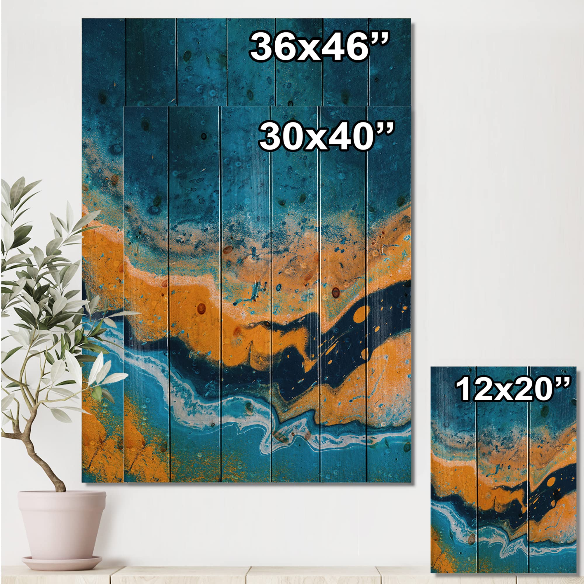 Abstract Marble Wood Wall Art - Blue & Orange Modern Decor for Living Room