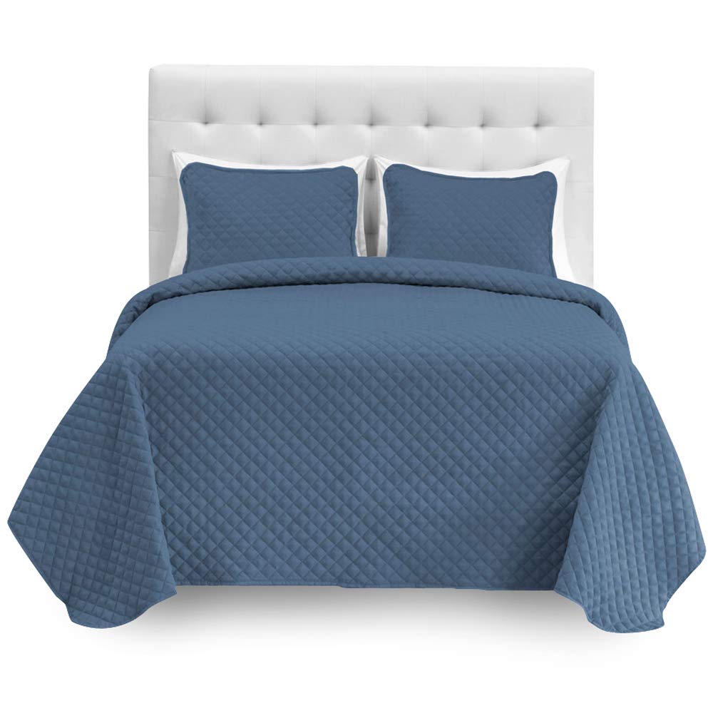 Bare Home Split California King Coverlet Set with Microfiber Sheet Set - Diamond Stitched Lightweight Bedspread & Ultra-Soft Sheets (Coronet Blue Coverlet, White Sheets) - Perfect for Guest Rooms, Master Bedrooms & Cozy Home Decor