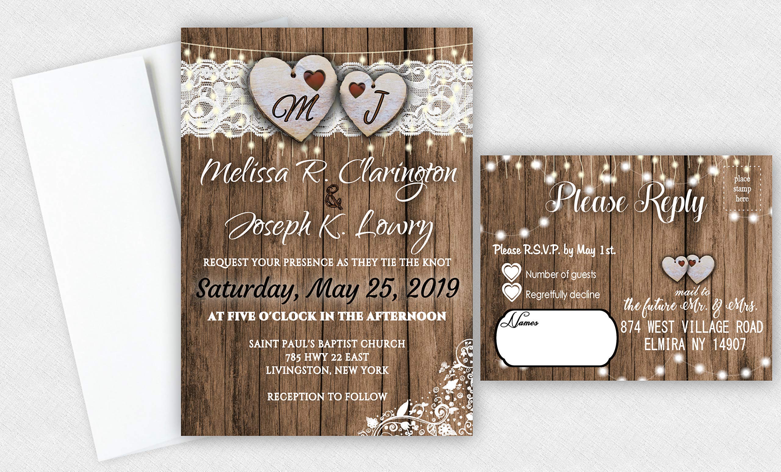 Rustic Wedding Invitations - Personalized Custom Barn Country Invites with Envelopes (Set of 50 Cards) for Country Weddings, Barn Weddings & Themed Events