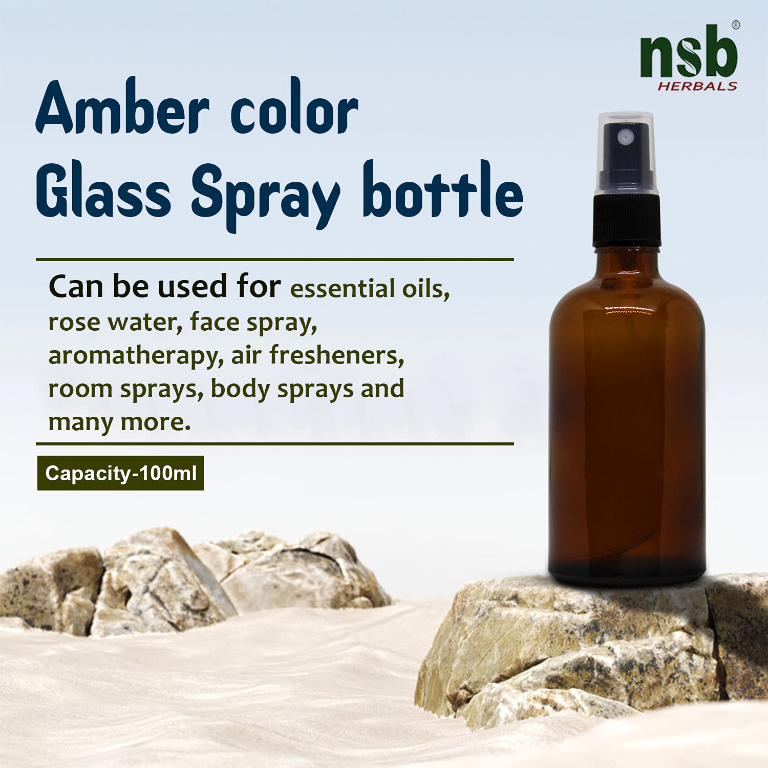 NSB Herbals 100ml Refillable Amber Glass Bottle with Fine Mist Spray Pump - Perfect for DIY Perfume, Essential Oils, Aromatherapy Blends, Facial Mists & Beauty Products (1-Pack, Black) - Ideal for Home, Travel & Skincare Routine