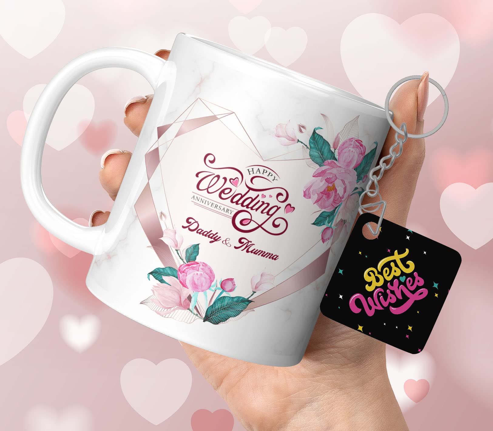 Happy Anniversary Printed Coffee Mug with Keychain - Best Gift for Mom & Dad, Mummy & Daddy, Maa & Papa Wedding Anniversary - HWAPFWMKV 64 - Perfect for Celebrating Love & Anniversaries at Home or Office