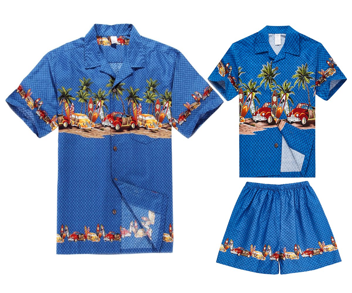 Father and Son Matching Hawaiian Luau Shirt Set - Blue Cars Print Aloha Shirts & Shorts for Men and Boys | Beach Party, Summer Vacation, Family Photoshoot Outfits