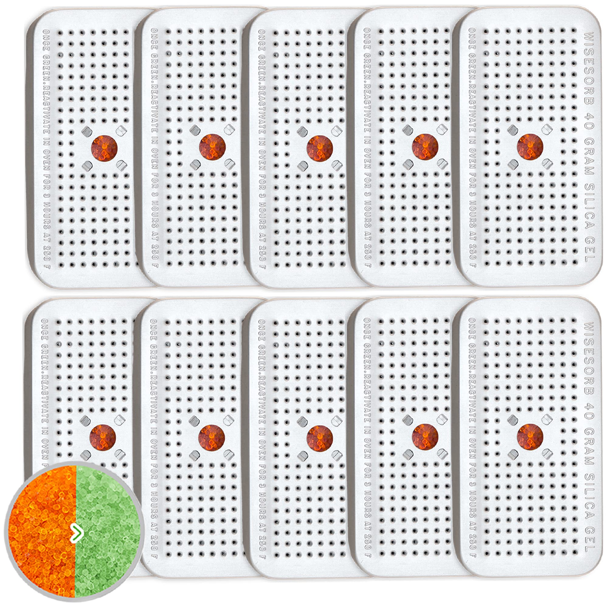 10 Pack 40 Gram Silica Gel Canister Dehumidifiers - Orange to Green Moisture Indicator, Reusable Desiccant for Gun Safe, Car, Closet | Prevent Rust & Mold in Storage Areas