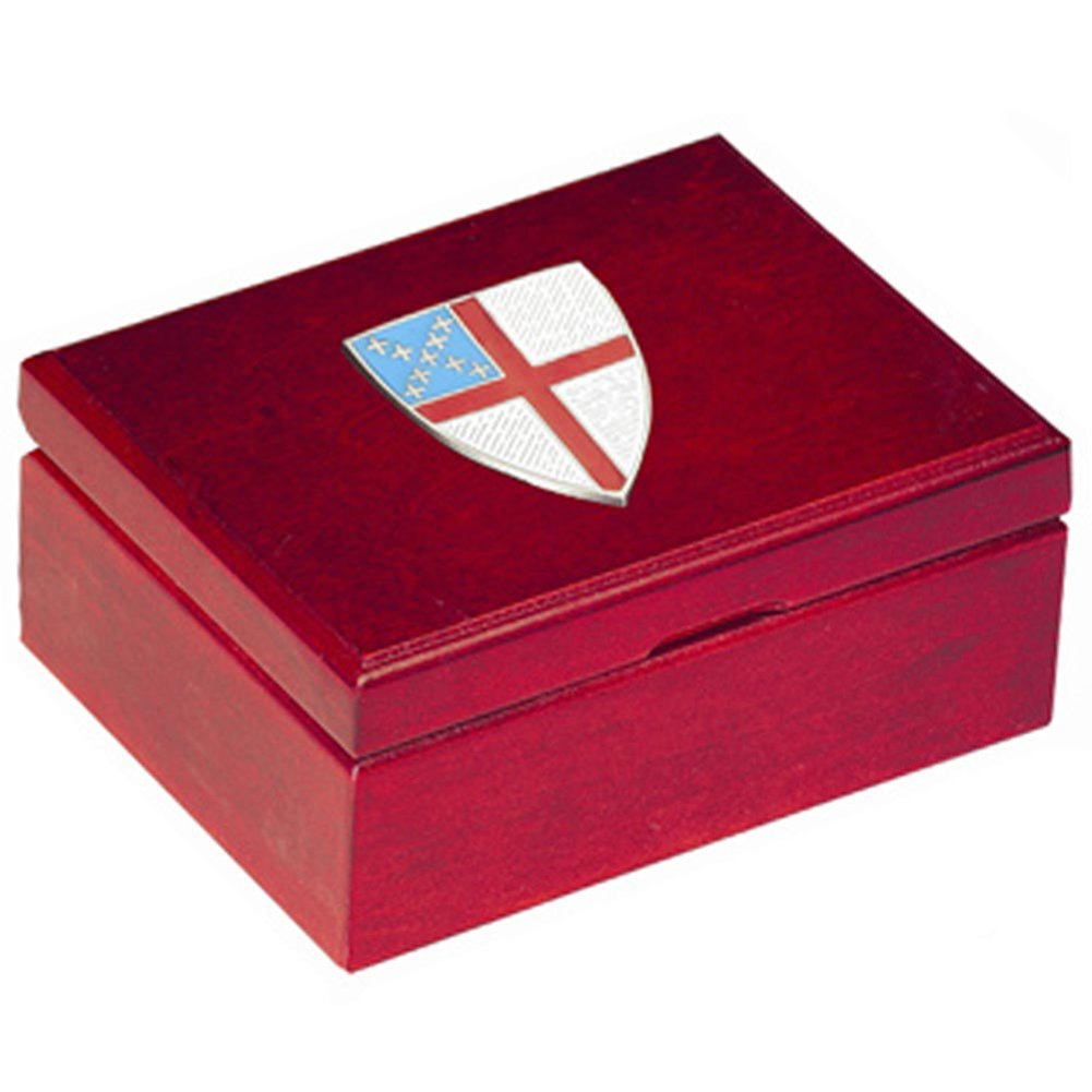 Terra Sancta Guild Episcopal Shield Keepsake Box 4.5 x 6 Inches - Wooden Religious Jewelry Storage for Cross Necklaces, Rosary Beads & Sacred Items - Perfect for Church Gifts, Christian Home Decor & Spiritual Organizing