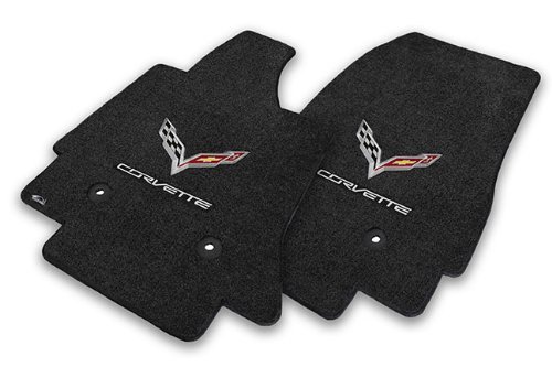 Premium All-Weather Floor Mats for 2014-2018 C7 Corvette - Jet Black with Crossed Flags & Corvette Script Logo - Perfect for Daily Driving, Road Trips, and Car Shows