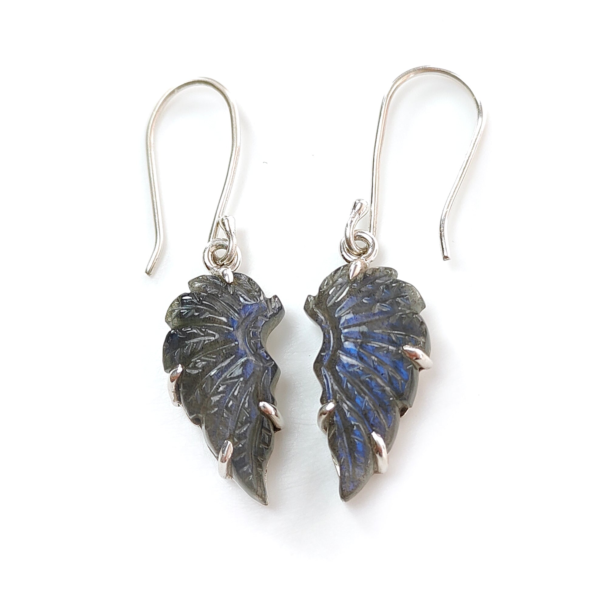 Natural Blue Labradorite Silver Earrings - 33.60cts Untreated Labradorite Angel Wings Drop Dangle Hook Earrings for Women | Handmade Prong Set Jewelry Gift for Birthday, Wedding & Special Occasions