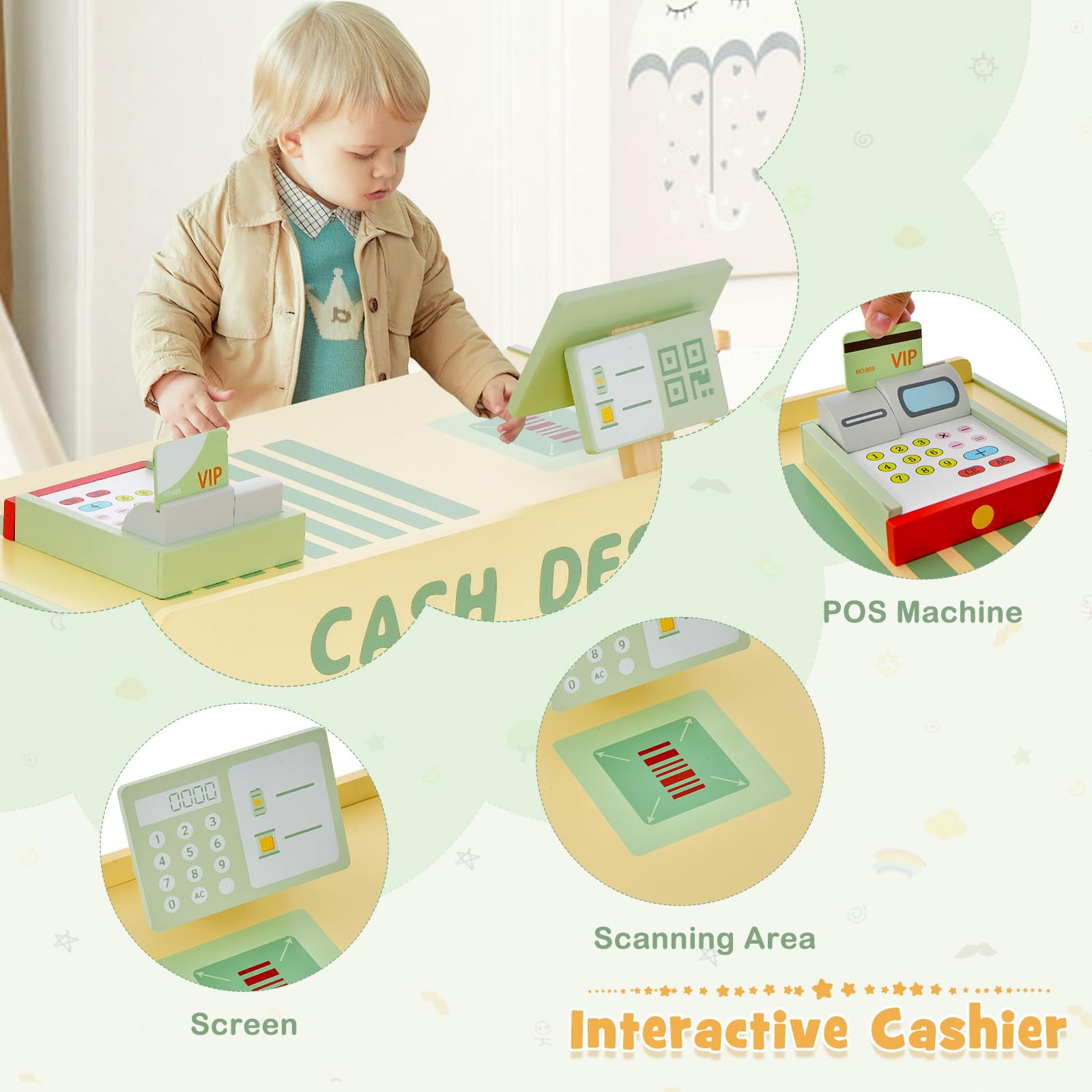 GLACER Wooden Pretend Play Grocery Store Set for Kids Ages 3-8 - 15-Piece Playset with Cash Register, POS System, Vending Machine & Chalkboard - Educational Toy for Boys & Girls - Perfect for Role Play, Preschool Learning & Birthday Gifts