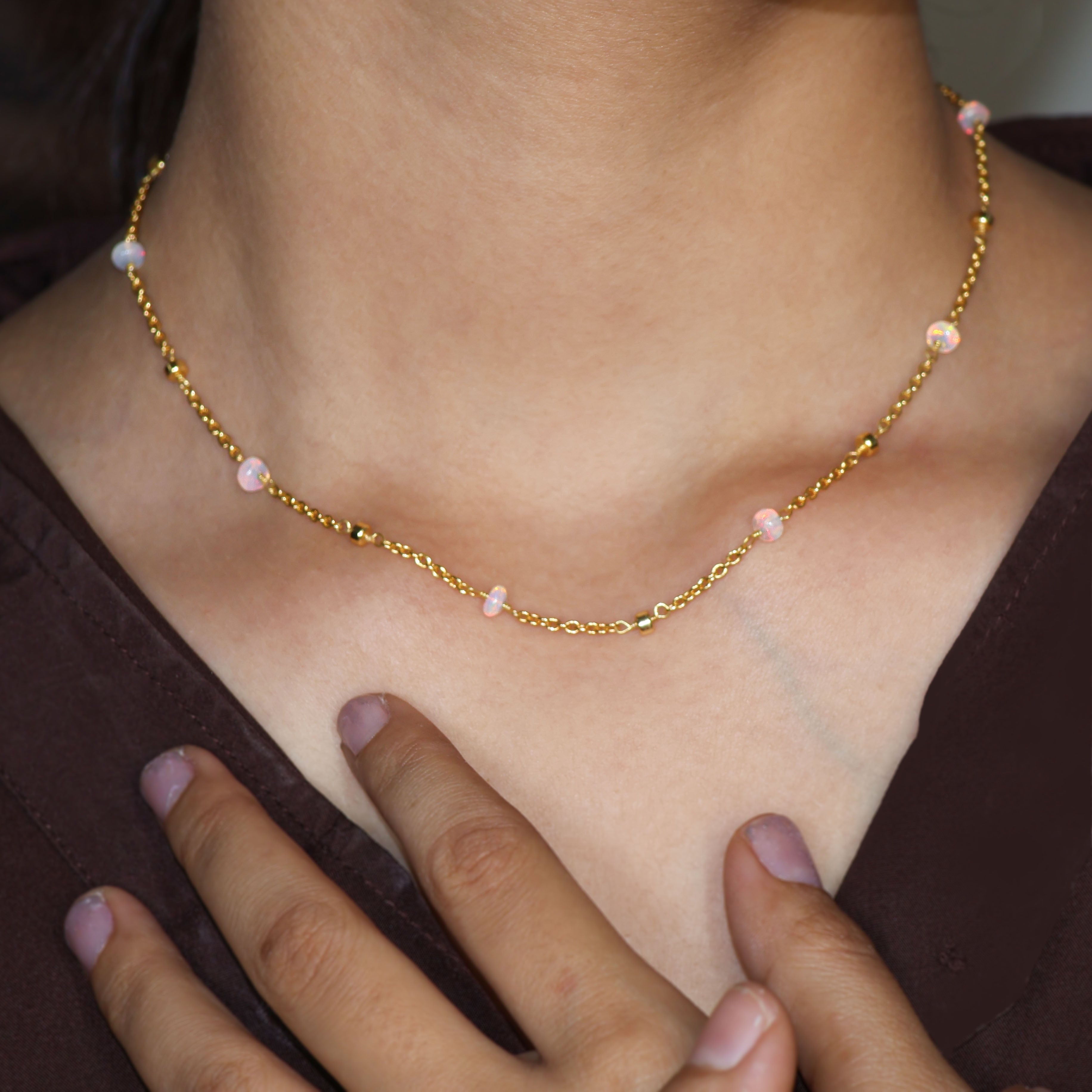 White Opal Beaded Chain Necklace - Elegant Dainty Jewelry for Women | Perfect for Weddings, Parties & Everyday Wear