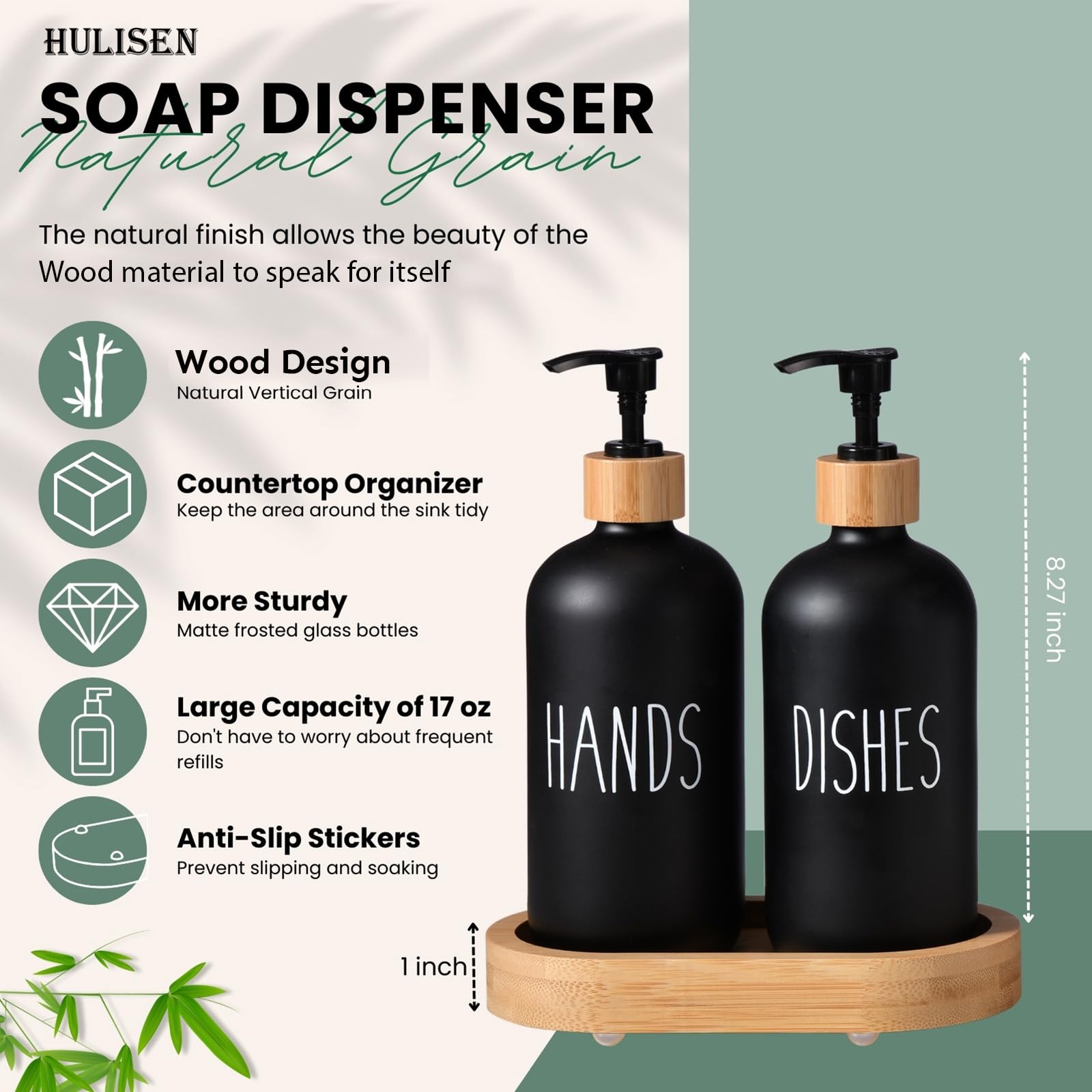 HULISEN Wooden Dish Soap Dispenser Set with Tall Tray - Matte Black Hand & Dish Soap Pump for Kitchen - Modern Farmhouse & Boho Style Home Decor - Perfect for Sink Countertop, Kitchen Island, and Bathroom Organization