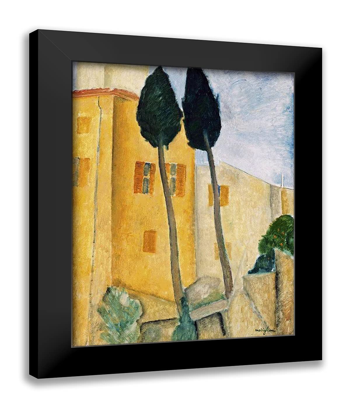 Modigliani Amedeo 19x24 Black Modern Framed Art Print - Cypress Trees and Houses Midday Landscape 1919 - Wall Decor for Living Room, Bedroom & Office