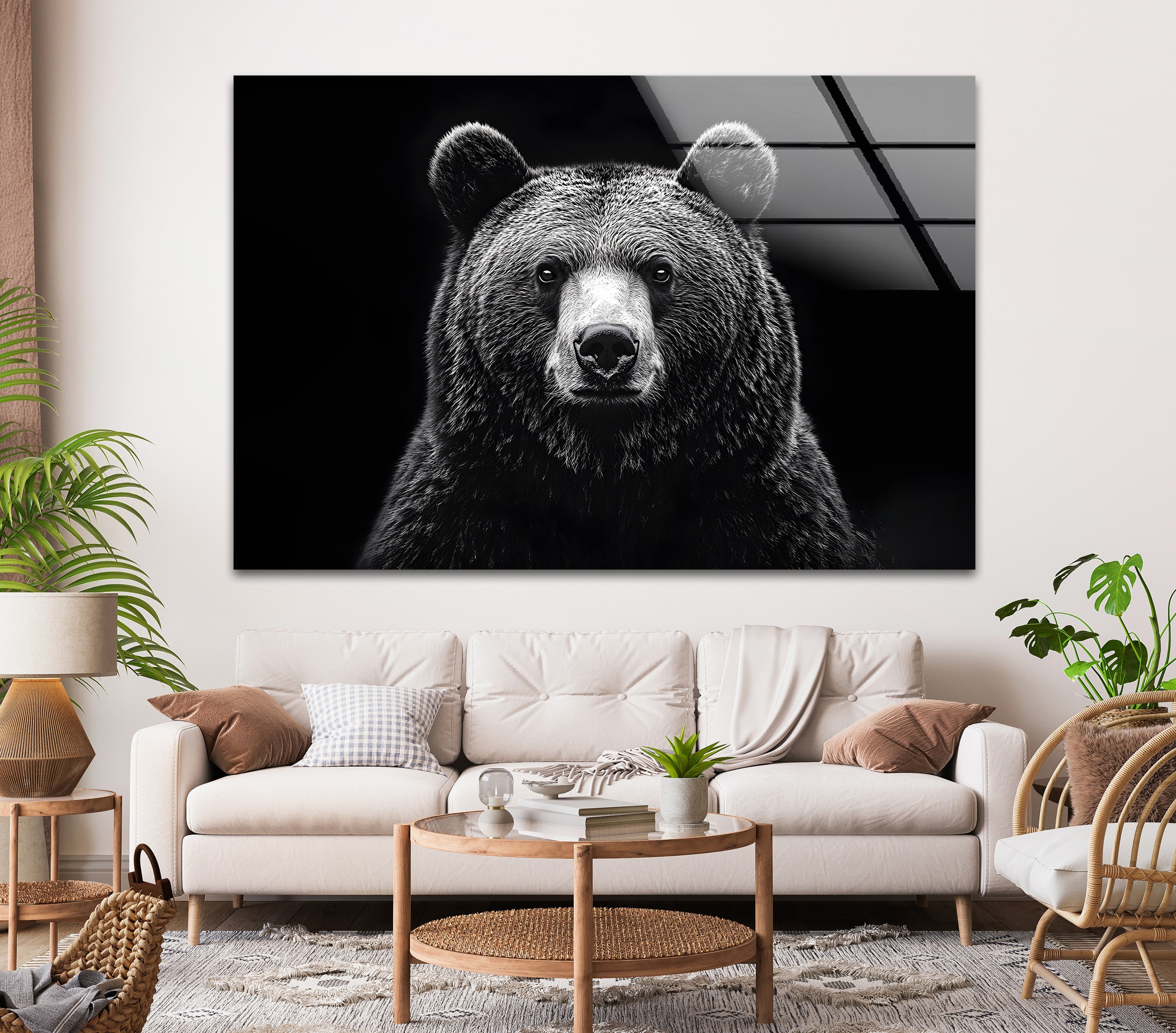 Black and White Bear Wall Art - Modern Animal Design on Glass for Living Room, Bedroom & Office Decor