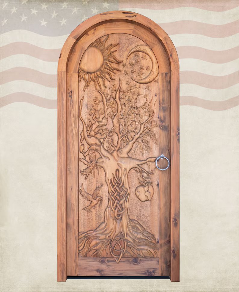 Hand Carved Tree of Life Sun Moon Wooden Door - Custom Made Interior & Exterior Solid Wood Door for Home, Bedroom, or Garden Entrance