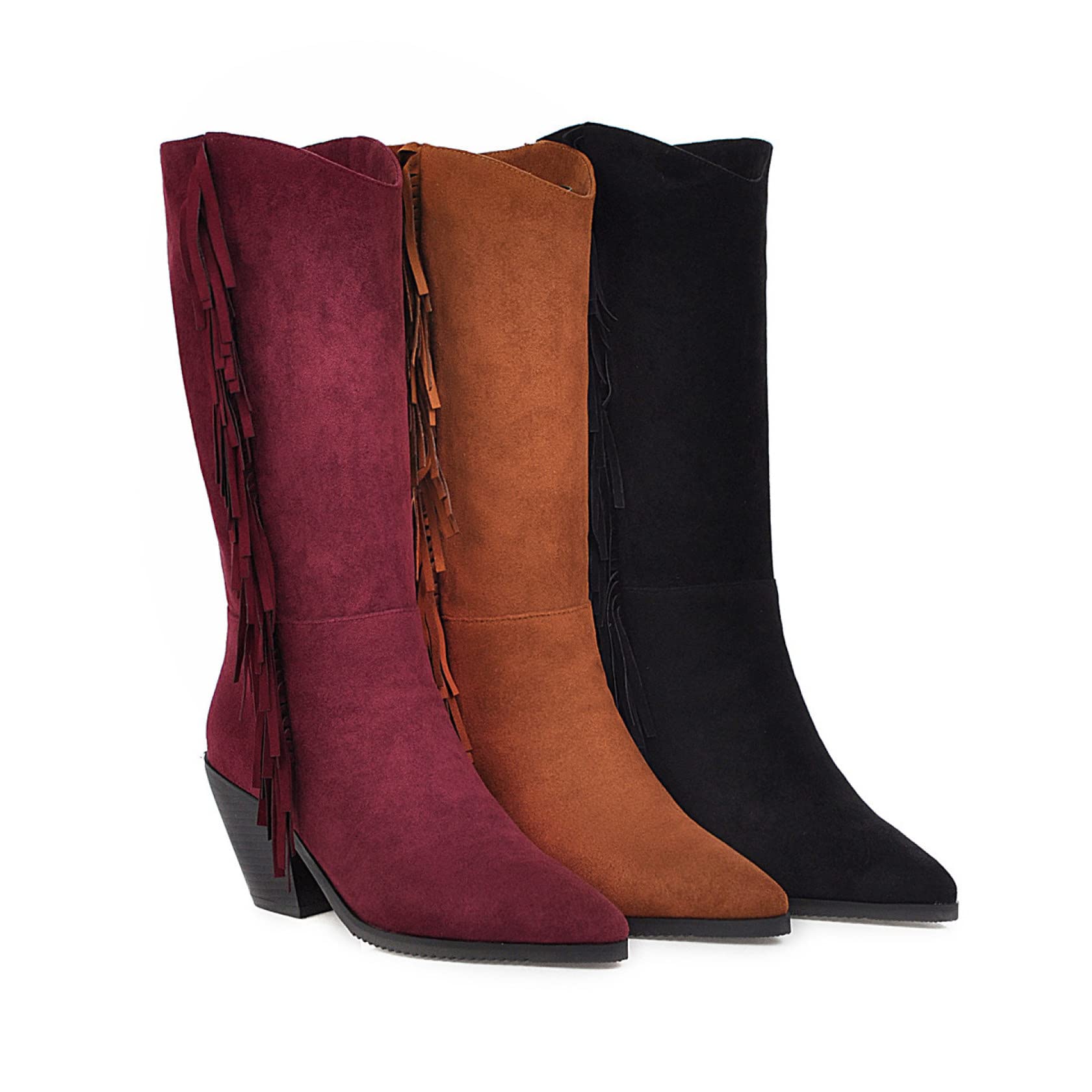 Hoxekle Women's Fringe Western Knee High Boots - Suede Combat Cowboy Boots with Chunky Block Heel | Skin-Friendly & Durable | Perfect for Country Dancing, Music Festivals & Western Fashion