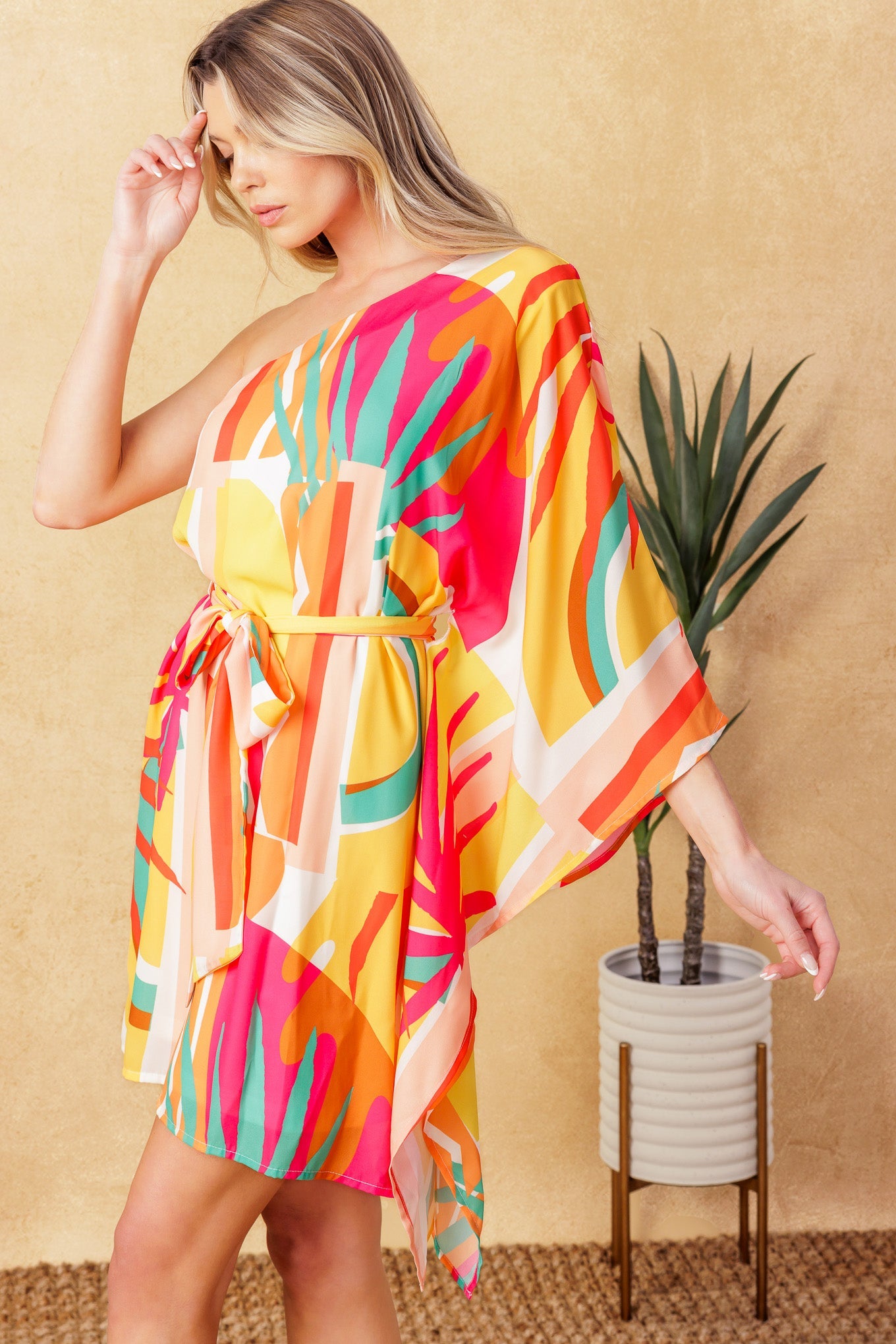 EASY BREEZES One Shoulder Caftan Mini Dress - Flowy Beach Cover Up, Pool Party Outfit, Summer Vacation Dress for Women