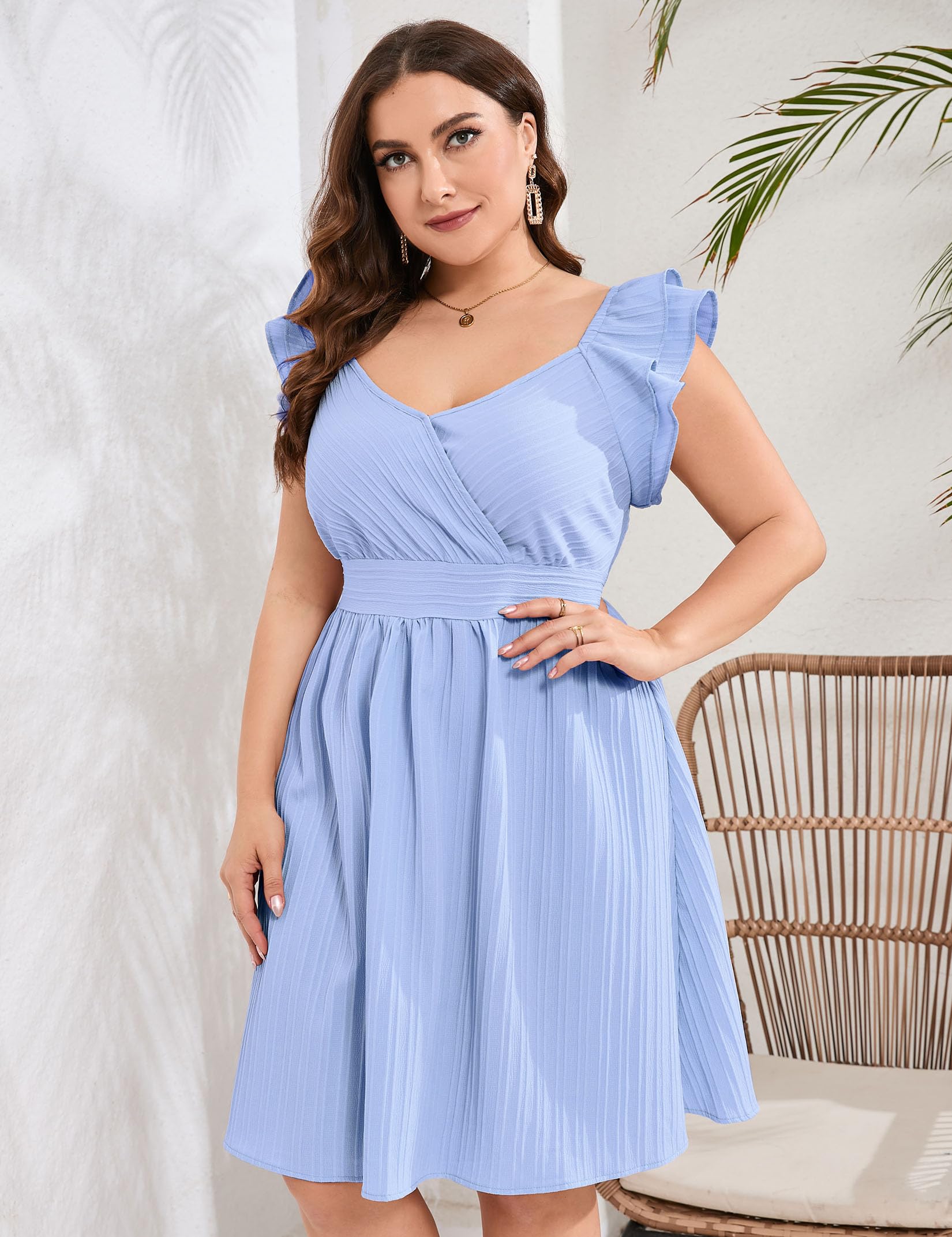 Plus Size Summer Dress for Women - Cute Ruffled Sleeve Wrap V-Neck Mini Dress | Casual, Party & Beach Wear | Flattering for Curvy Figures | Perfect for Outdoor Events, Vacations & Date Nights