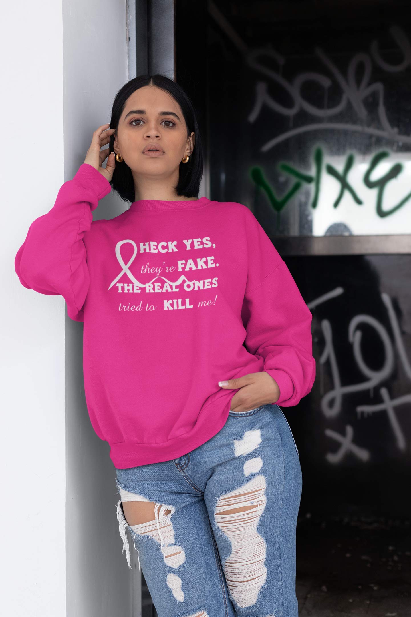 Kropsis 'Heck Yes, They're Fake' Breast Cancer Awareness Crewneck Sweatshirt - Funny Inspirational Women's Apparel for Survivors & Supporters | Comfortable Casual Wear for Fundraisers, Awareness Events & Everyday Support