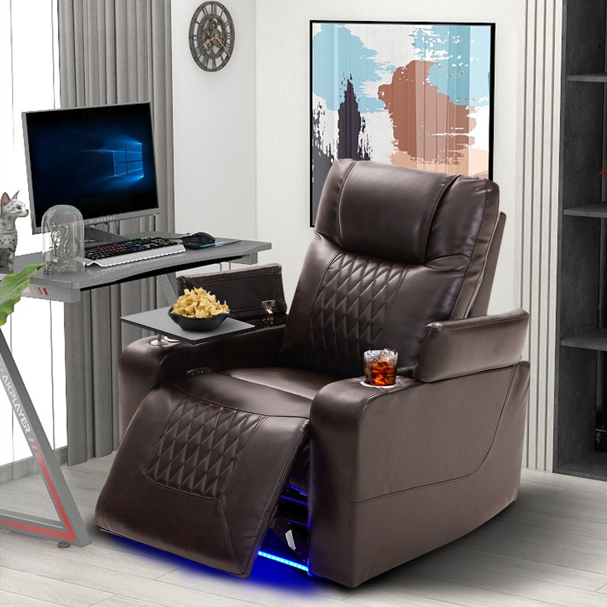 Electric Power Lift Recliner Chair with USB Charging Port, Hidden Arm Storage & 360° Swivel Tray - Brown Leather Massage Chair for Living Room, Home Theater & Elderly Care