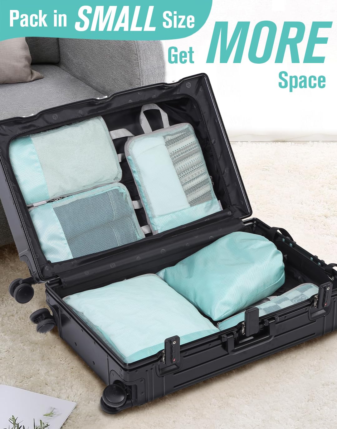 WOOMADA 6-Piece Compression Packing Cubes Set - Expandable Mesh Travel Organizer for Suitcases & Luggage - Perfect for Business Trips, Vacations & Weekend Getaways