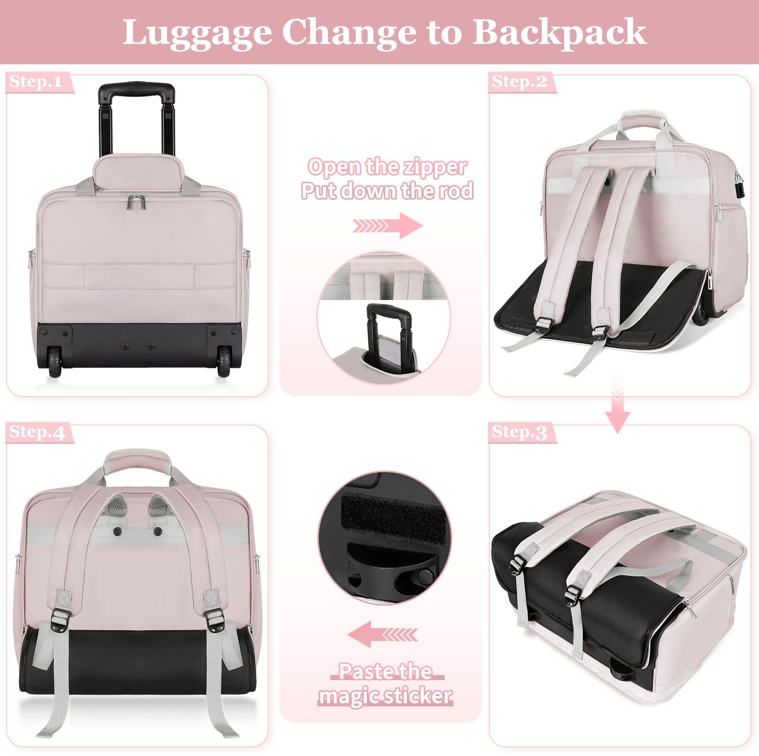 17.3 Inch Rolling Laptop Bag for Women - Anti Theft Water Resistant Rolling Briefcase with Wheels - Pink Carry On Computer Bag for Travel, Work & Business - Perfect for Airplane, Office Commute & Business Trips