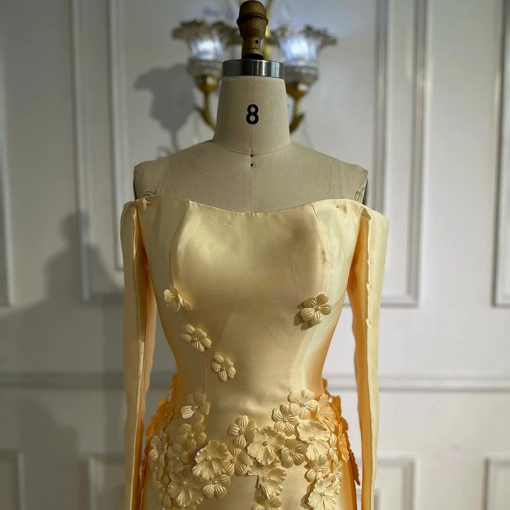 Luxury Dubai Arabia Yellow A-Line Satin Applique Evening Gown for Women - Formal Occasion Wedding Prom Party Dress LA72833 | Elegant Ball Gown for Special Events & Red Carpet
