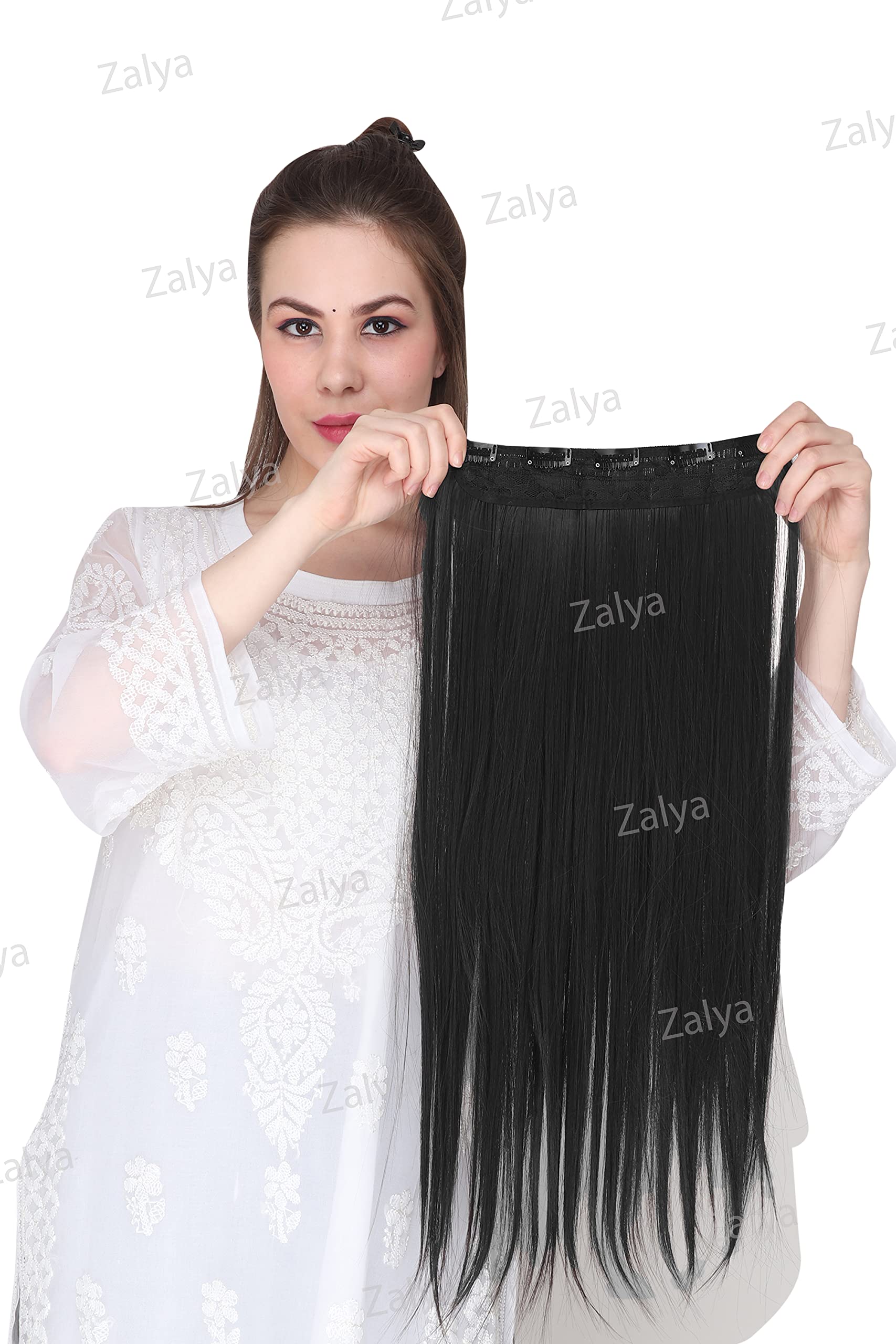 ZALYA 24-Inch Black Straight Clip In Hair Extensions - 5 Clips Synthetic Hair Weft (120g) for Instant Volume & Length - Easy Secure Installation - Perfect for Parties, Weddings & Everyday Glamorous Hairstyles