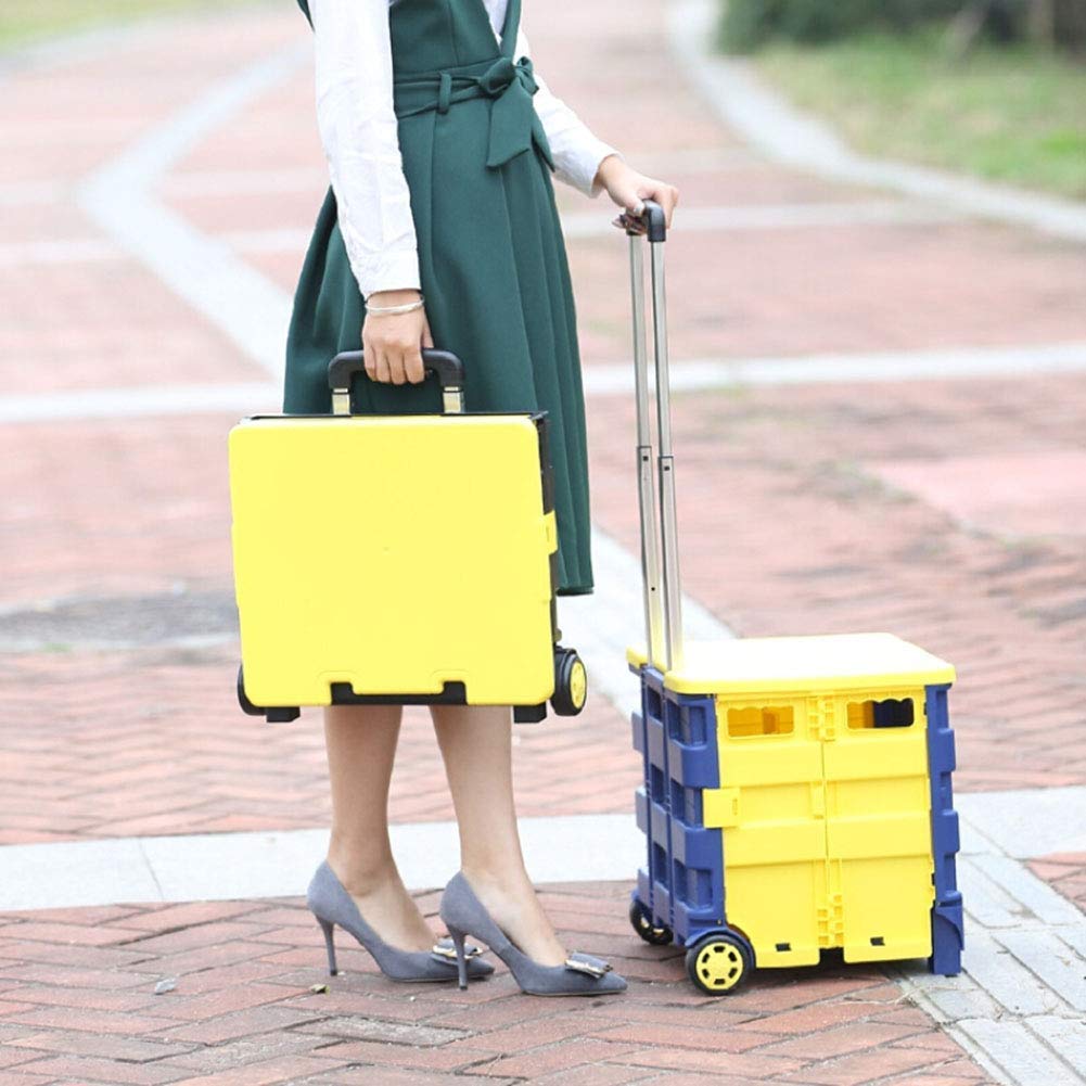 Heavy Duty Collapsible Two-Wheeled Utility Cart with Lid & Seat - Lightweight Rolling Handcart for Groceries, Shopping, and Storage | Perfect for Supermarkets, Camping, and Home Organization