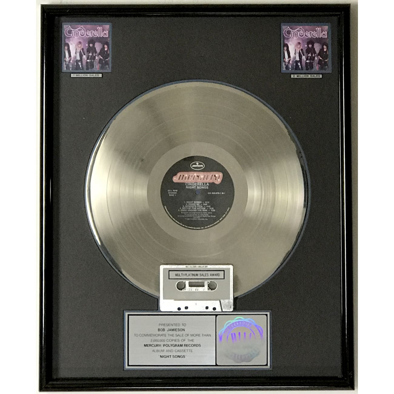 Cinderella Night Songs RIAA 2x Multi Platinum Album Award - Perfect for Music Collectors, Disney Fans & Award Display