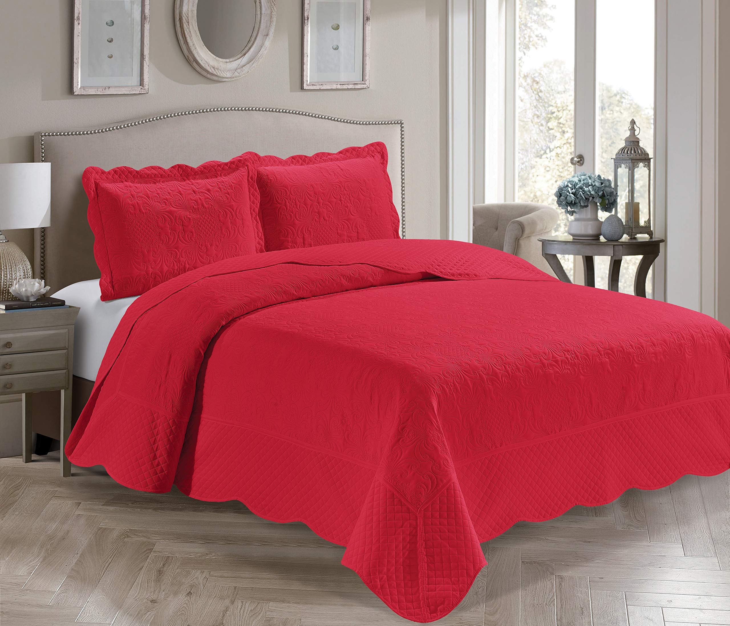 Better Home Style 3-Piece Luxury Ultrasonic Embossed Solid Quilt Coverlet Bedspread Set - Oversized King/Cal-King Size, Red - Perfect for Master Bedroom, Guest Room & Hotel Decor