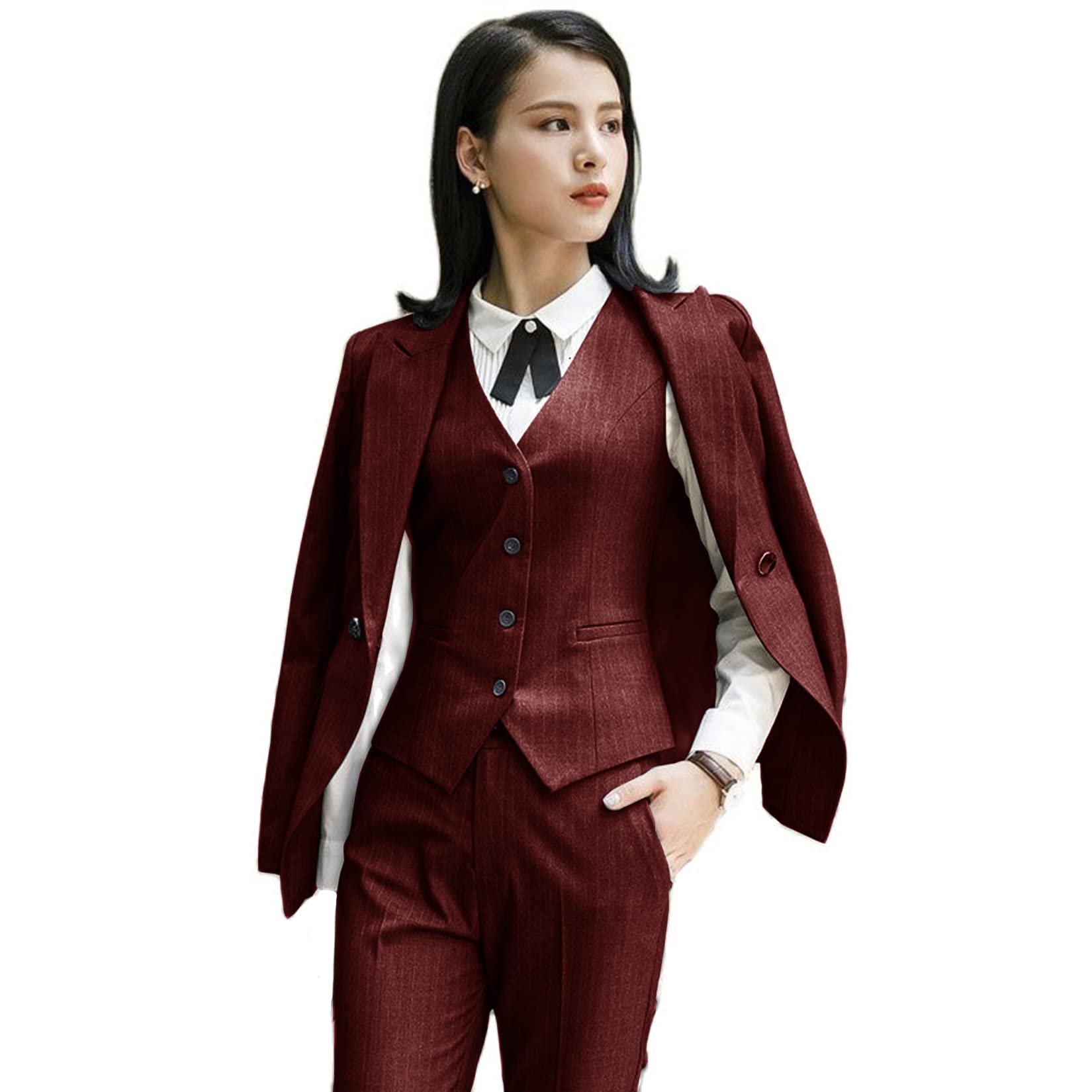 Women's 3-Piece Striped Business Suit Set - Slim Fit Blazer, Pants & Vest for Office Workwear | Professional Outfit for Business Meetings & Corporate Events