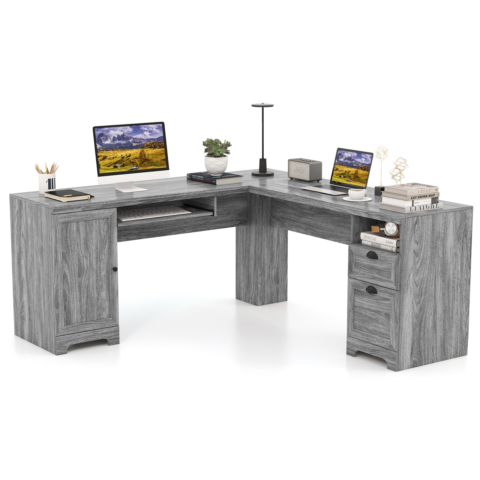 GOFLAME 66 Inch L-Shaped Computer Desk with Drawers & Cabinet - Spacious Corner Office Desk with Keyboard Tray, Ergonomic Gaming Workstation for Home Office, Study Room or Bedroom (Gray) - Perfect for Remote Work, Online Classes & PC Gaming Setup