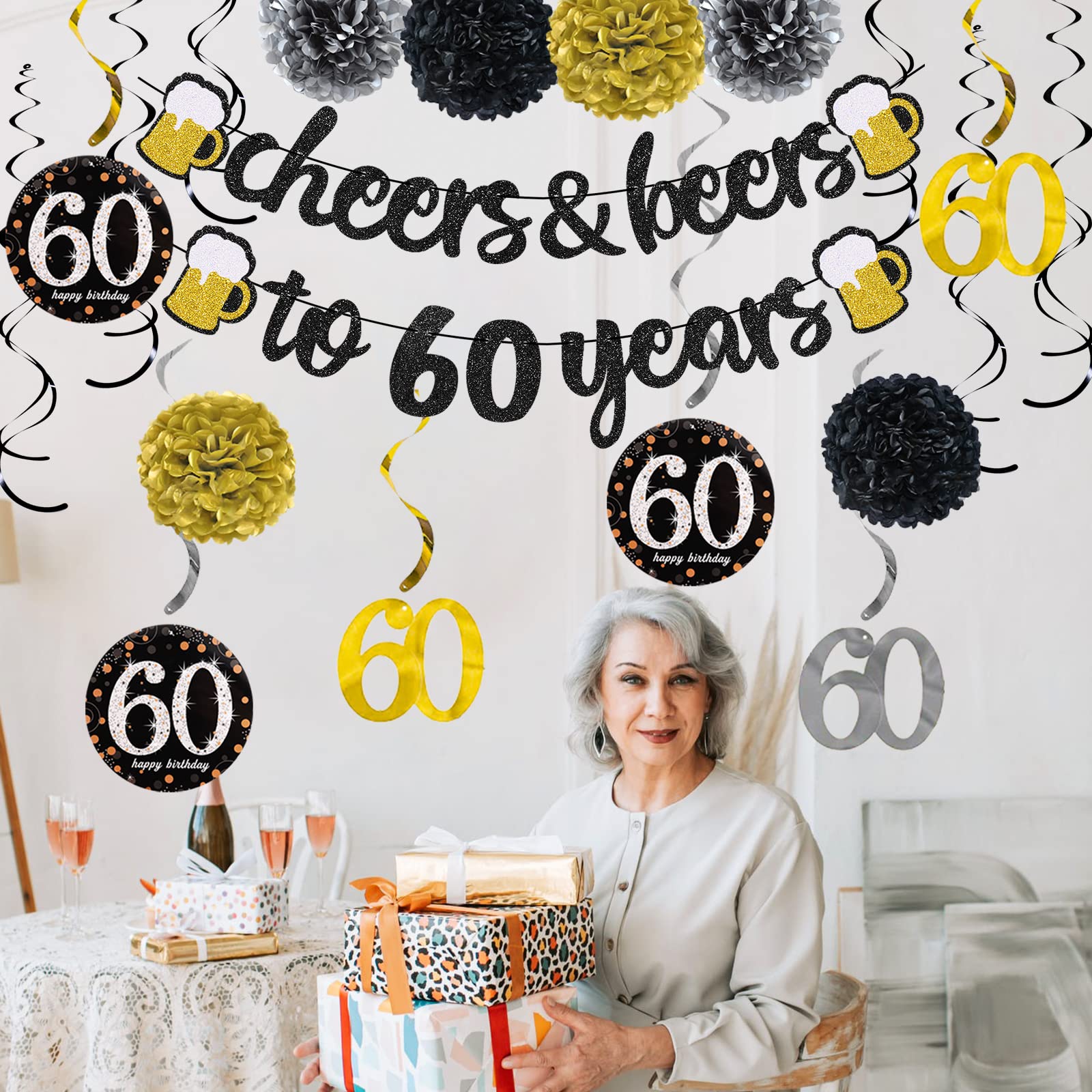 60th Birthday Party Decorations Kit for Men & Women - Cheers to 60 Years Banner, Pom Poms, Flowers & Sparkling Swirl Decorations - Perfect for 60th Birthday Celebrations, Anniversaries & Retirement Parties