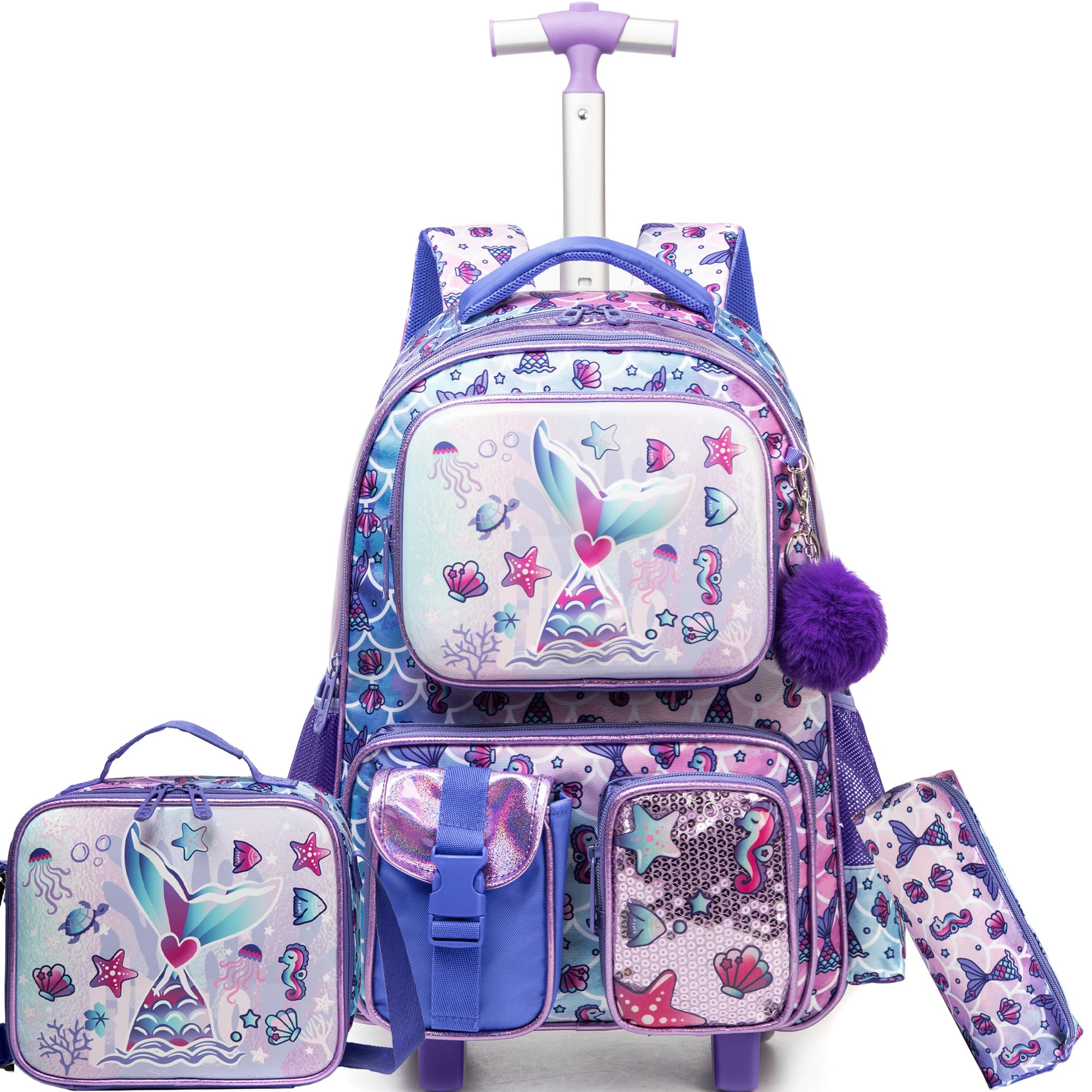 Meetbelify Mermaid Rolling Backpack for Girls - 3-in-1 Wheeled School Backpack with Lunch Box, Kids Travel Luggage Suitcase for Elementary Students Ages 8-10 | Perfect for School, Travel & Daily Use