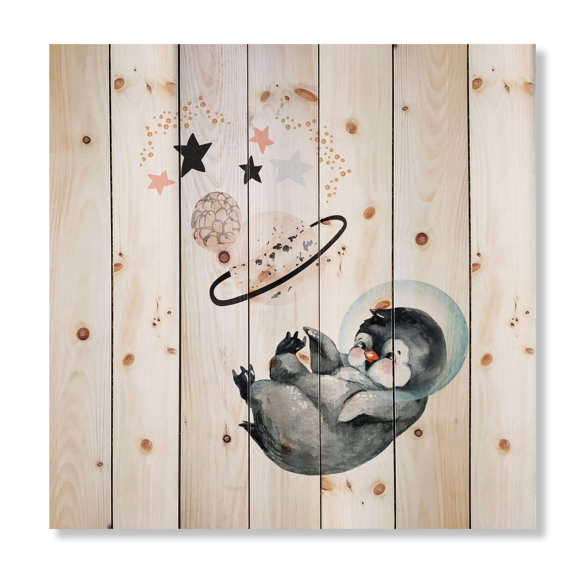 Farmhouse Wood Wall Decor - Little Penguin with Stars & Planets, Grey Wood Wall Art, Large Animal Wood Panels Printed on Natural Pine - Perfect for Nursery, Kids Room & Living Room Decor